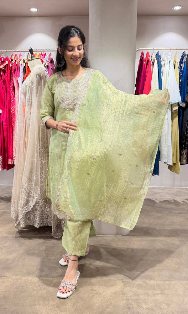 Green Shimmer tissue kurta set with Gold Embroidery