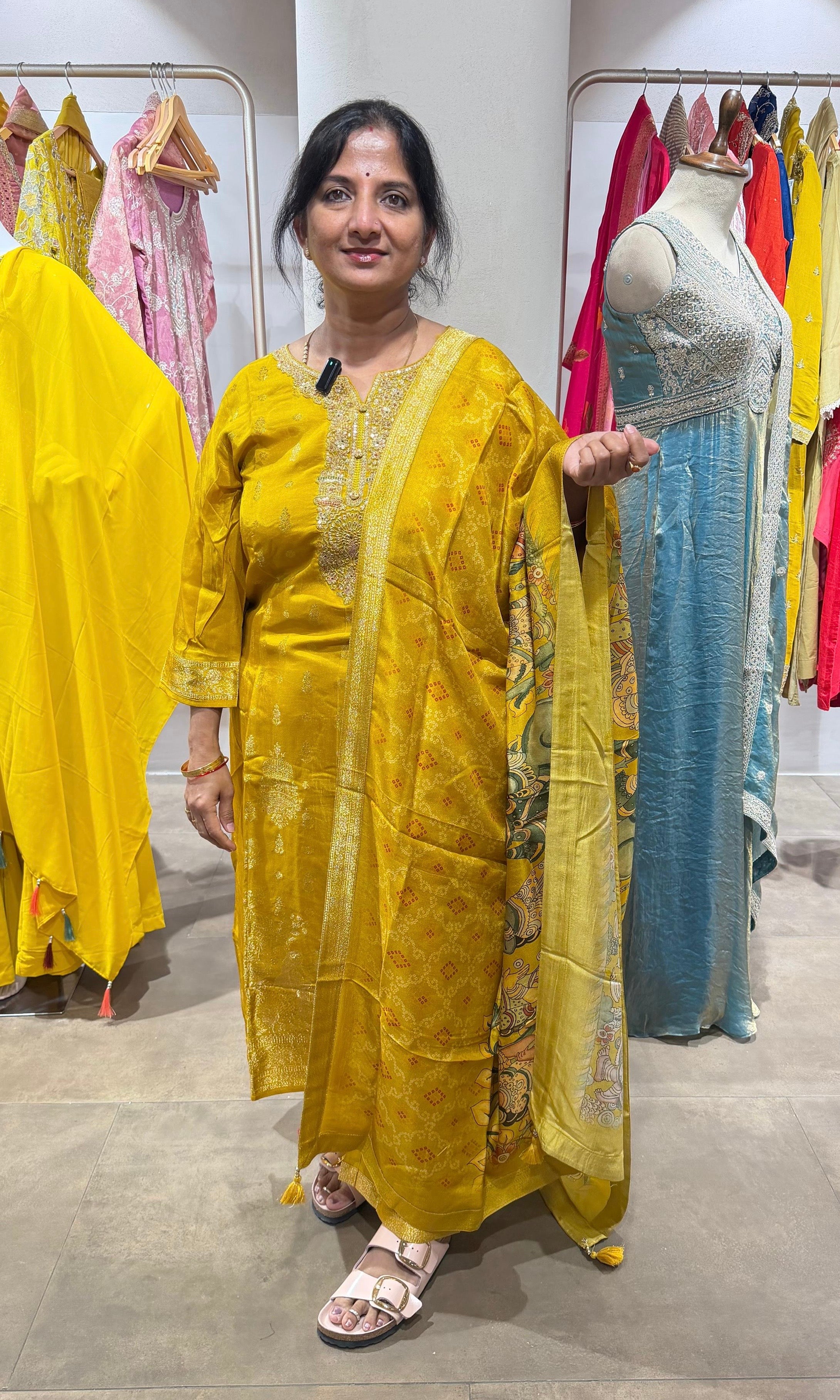 Mustard embroidered kurta set with printed dupatta