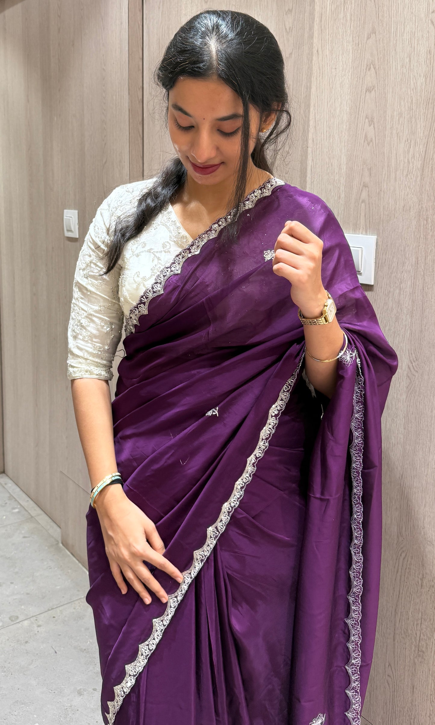 🤍White blouse with purple saree 7777💜