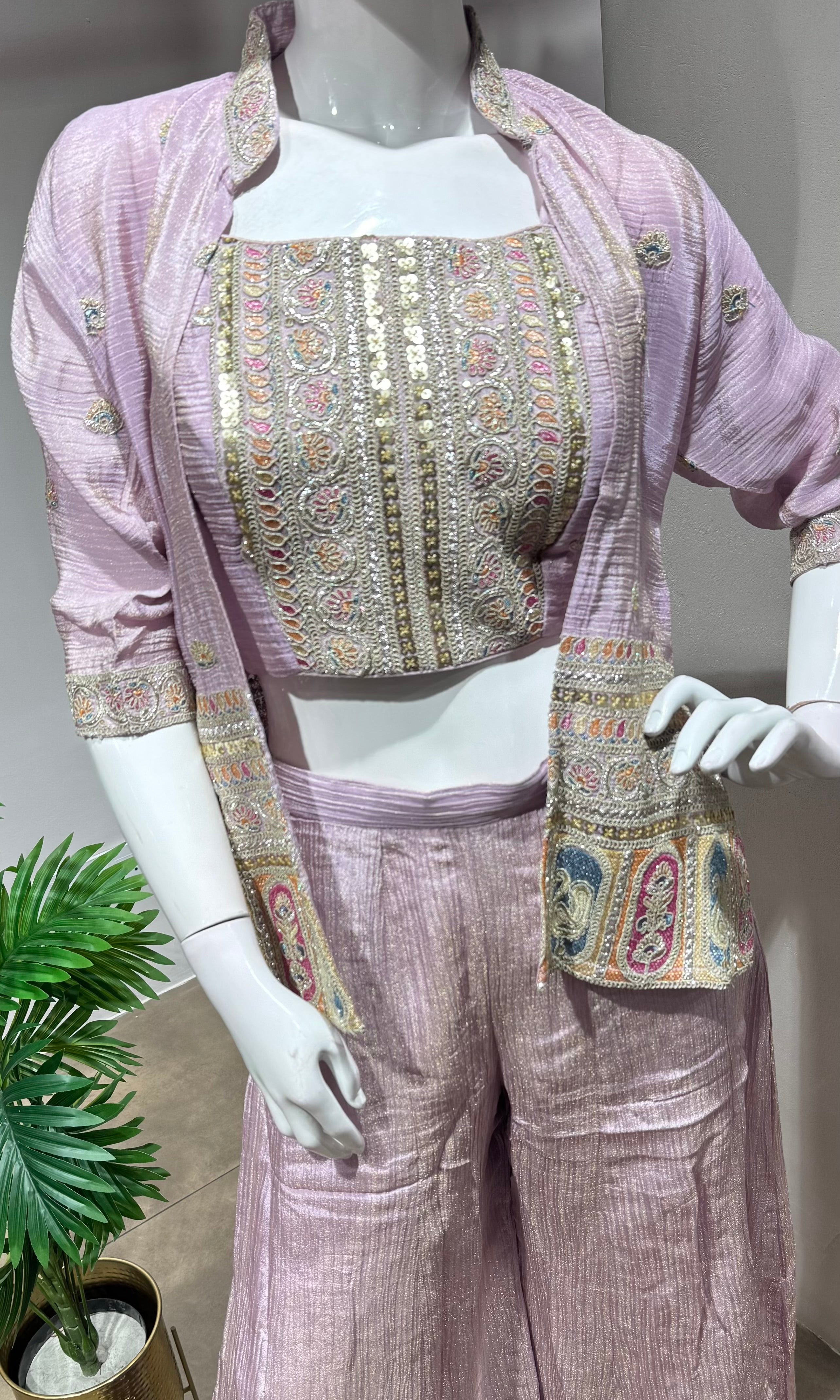 Light purple crop top palazzo with jacket