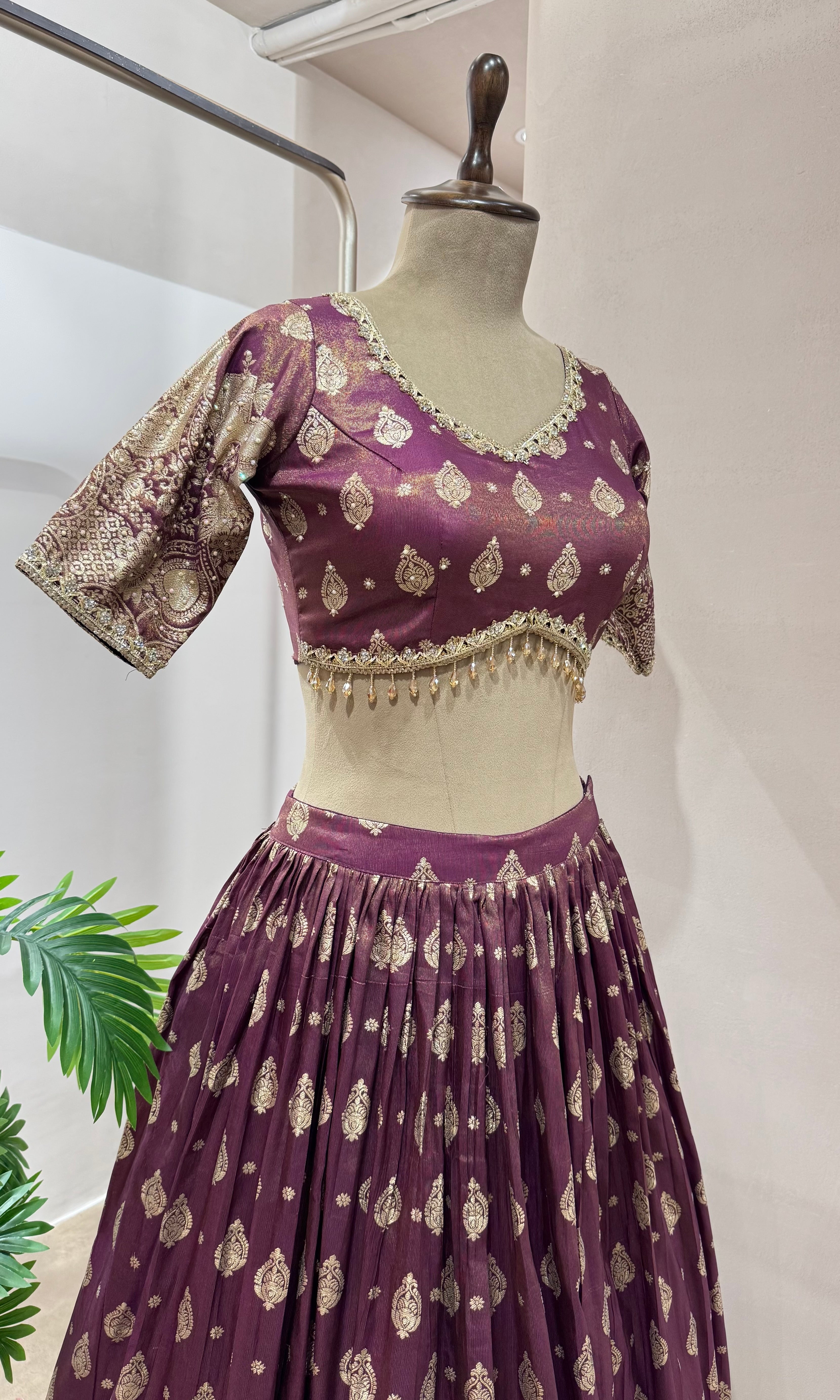 Wine GOLDEN CROP TOP LEHENGA
