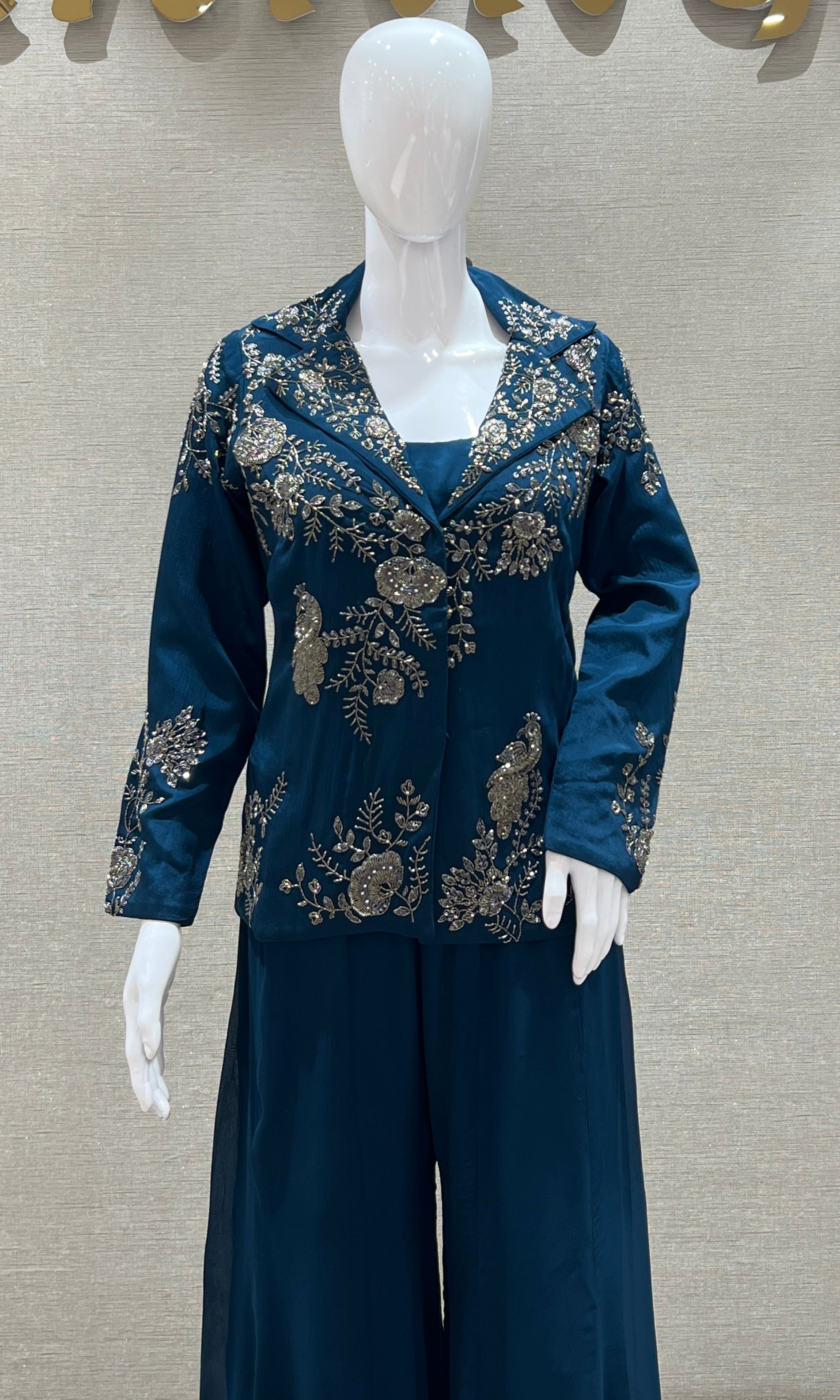 Peacock blue palazzo set with jacket