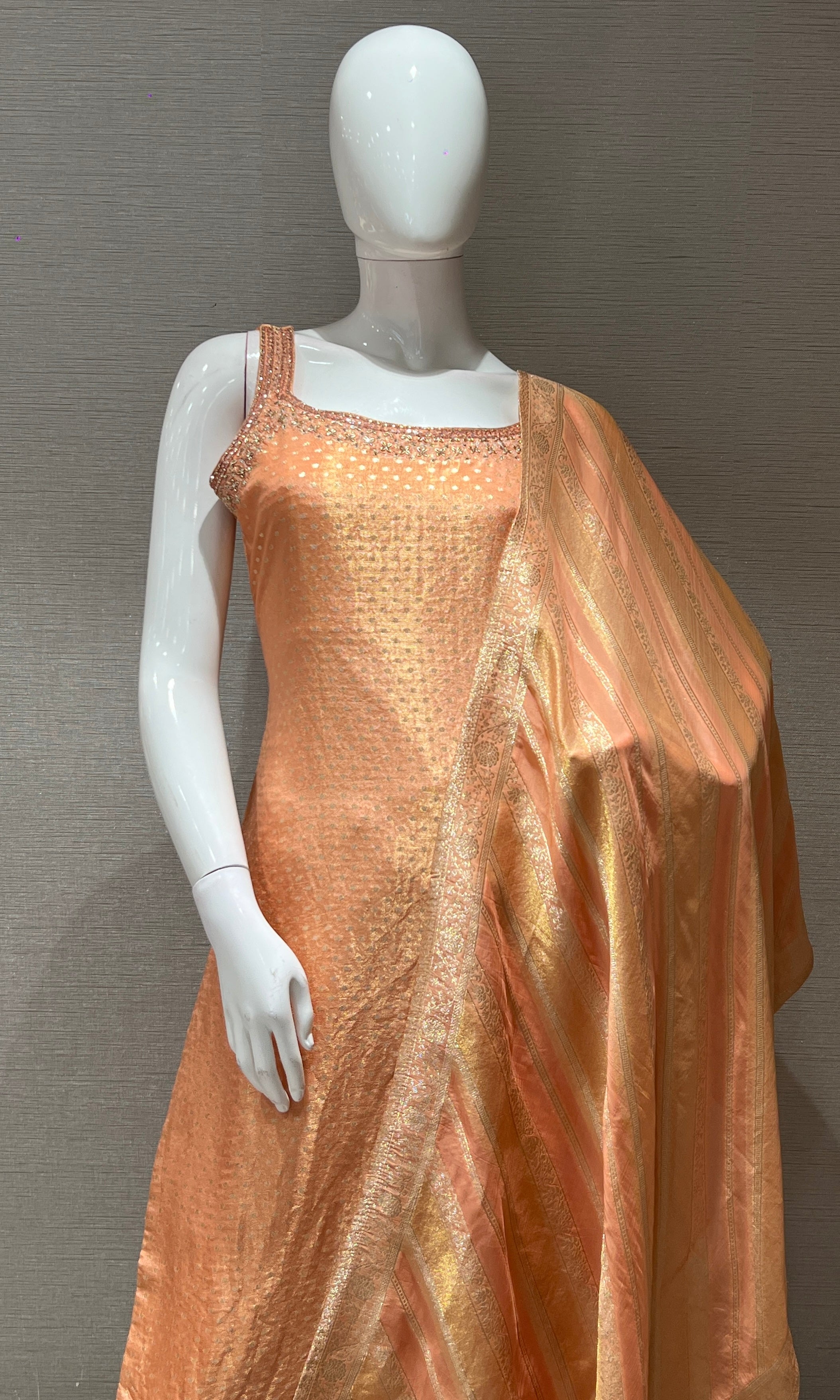 peach and gold Banarasi kurta set