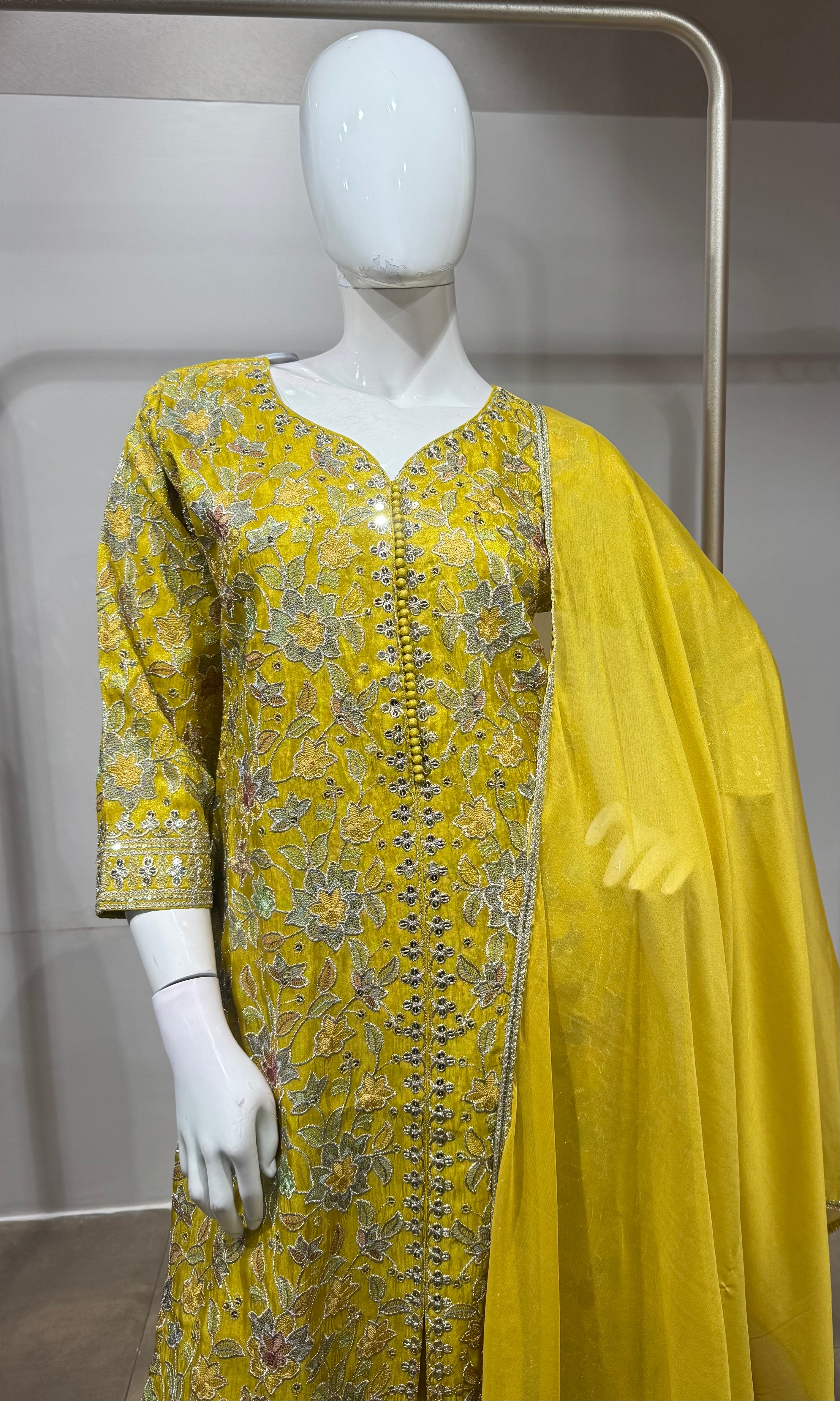 Yellow embroidered straight kurta set