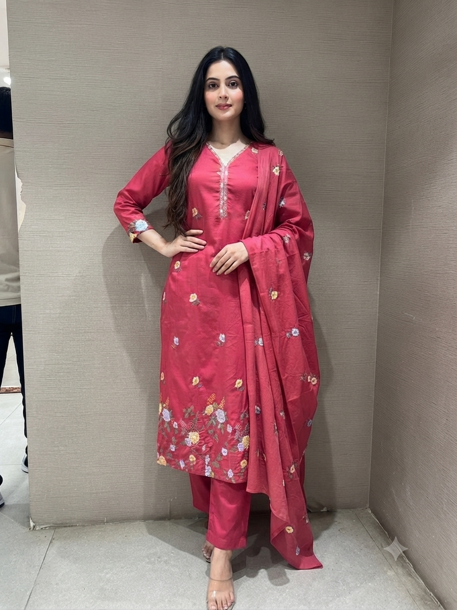 Pink Floral Embroidered Chanderi Kurta Set