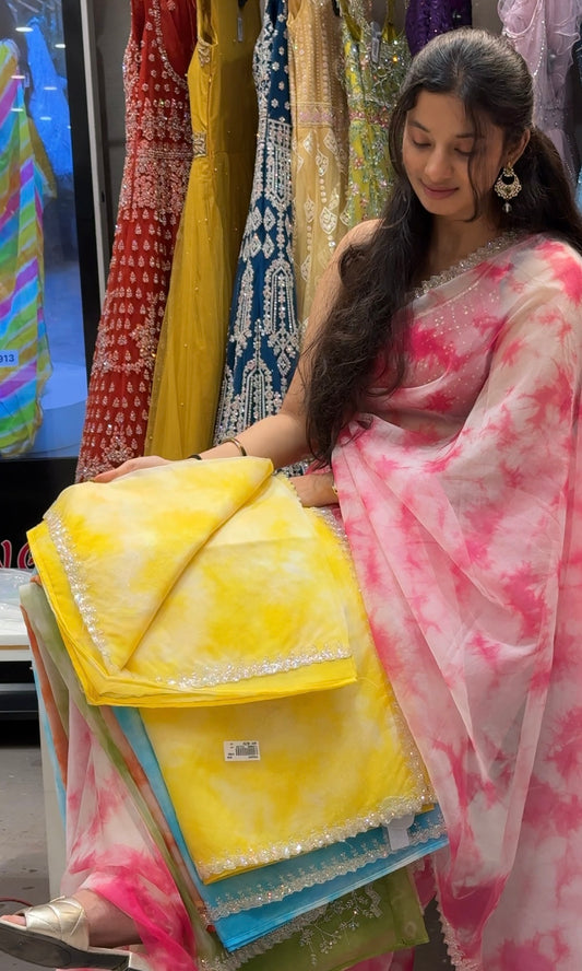 💛Yellow tie dye soft organza saree with silver work and complete work on blouse (unstitched )💛