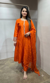 Orange Straight Kurta Set with Mirror Embroidery