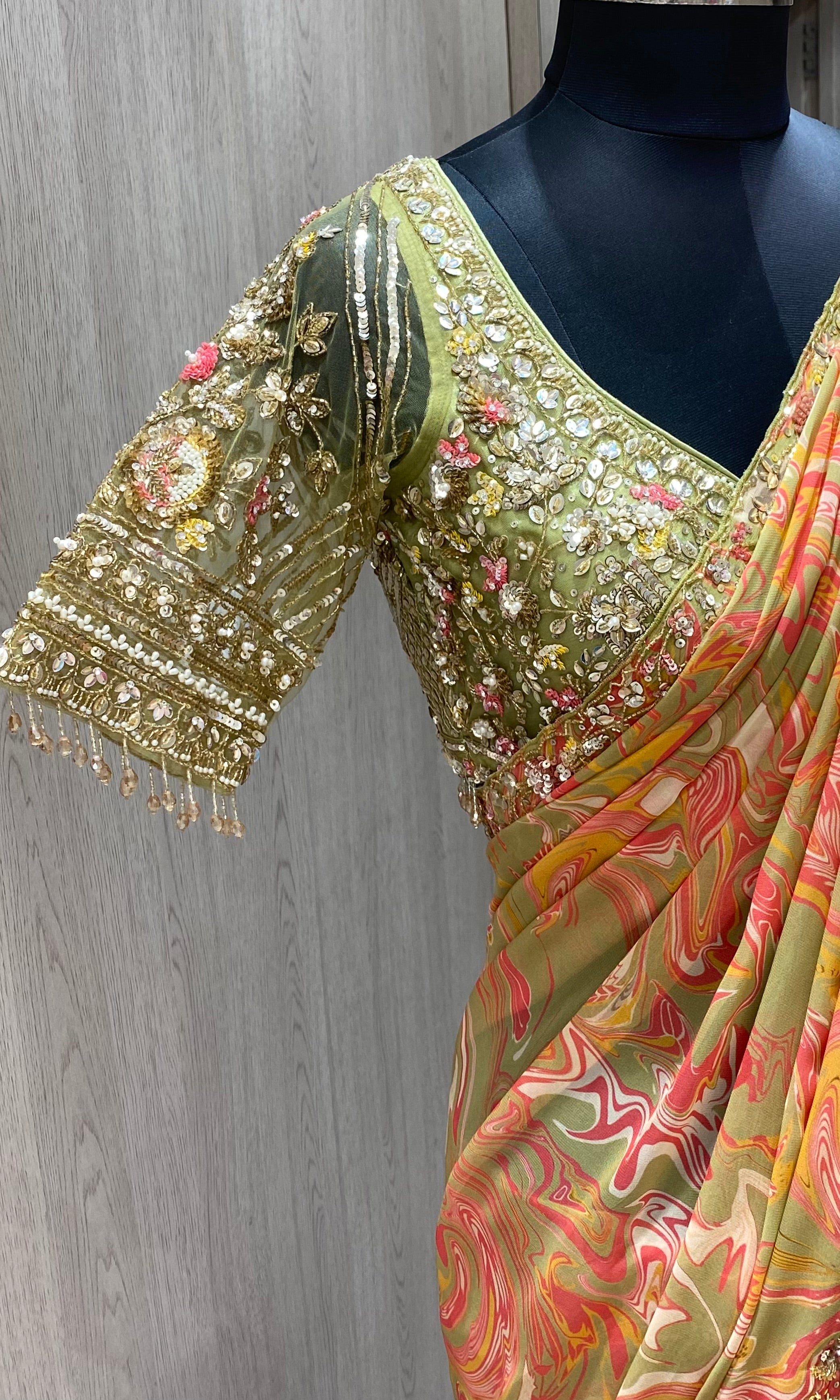 Green saree with ready blouse