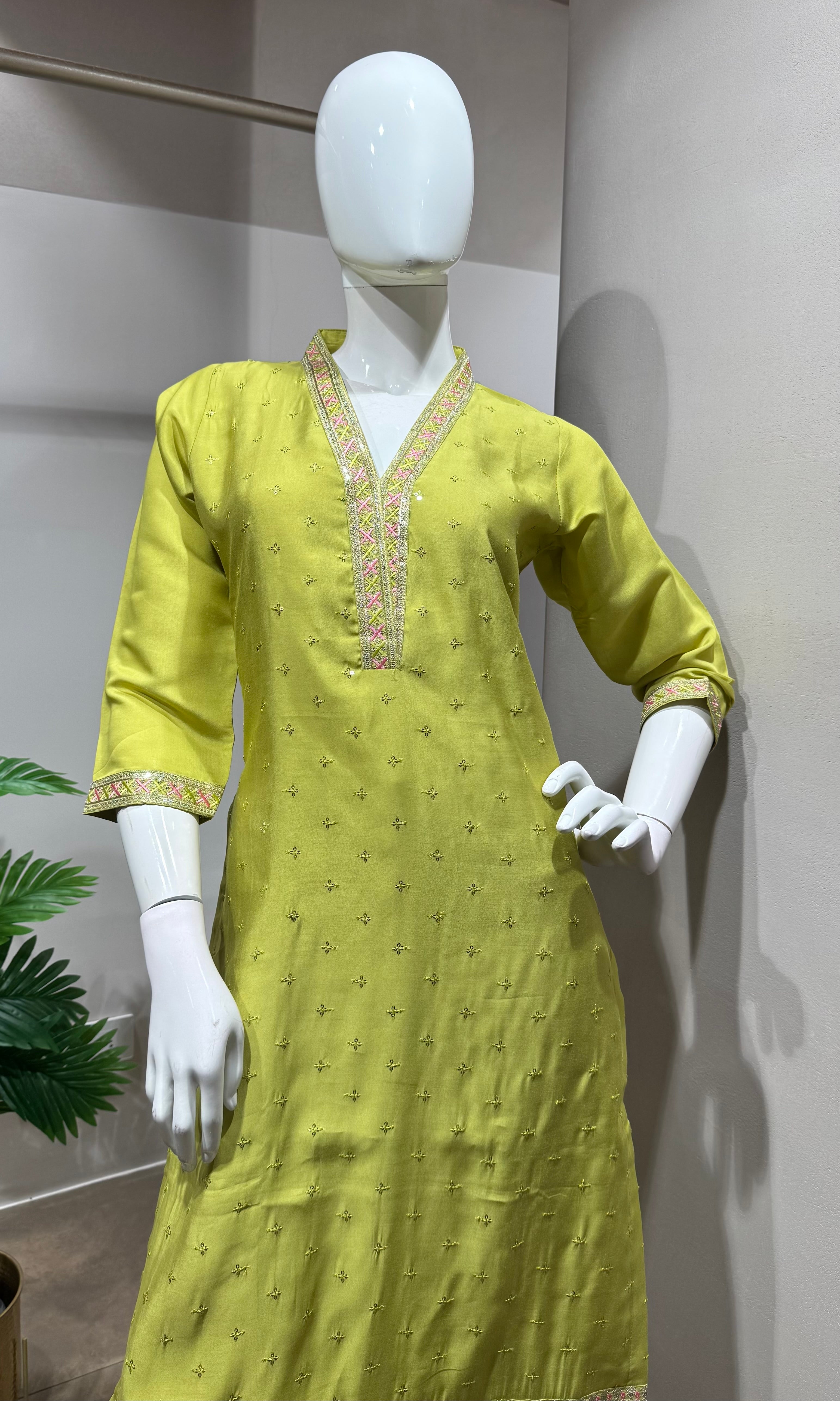 green embroidered straight kurta set