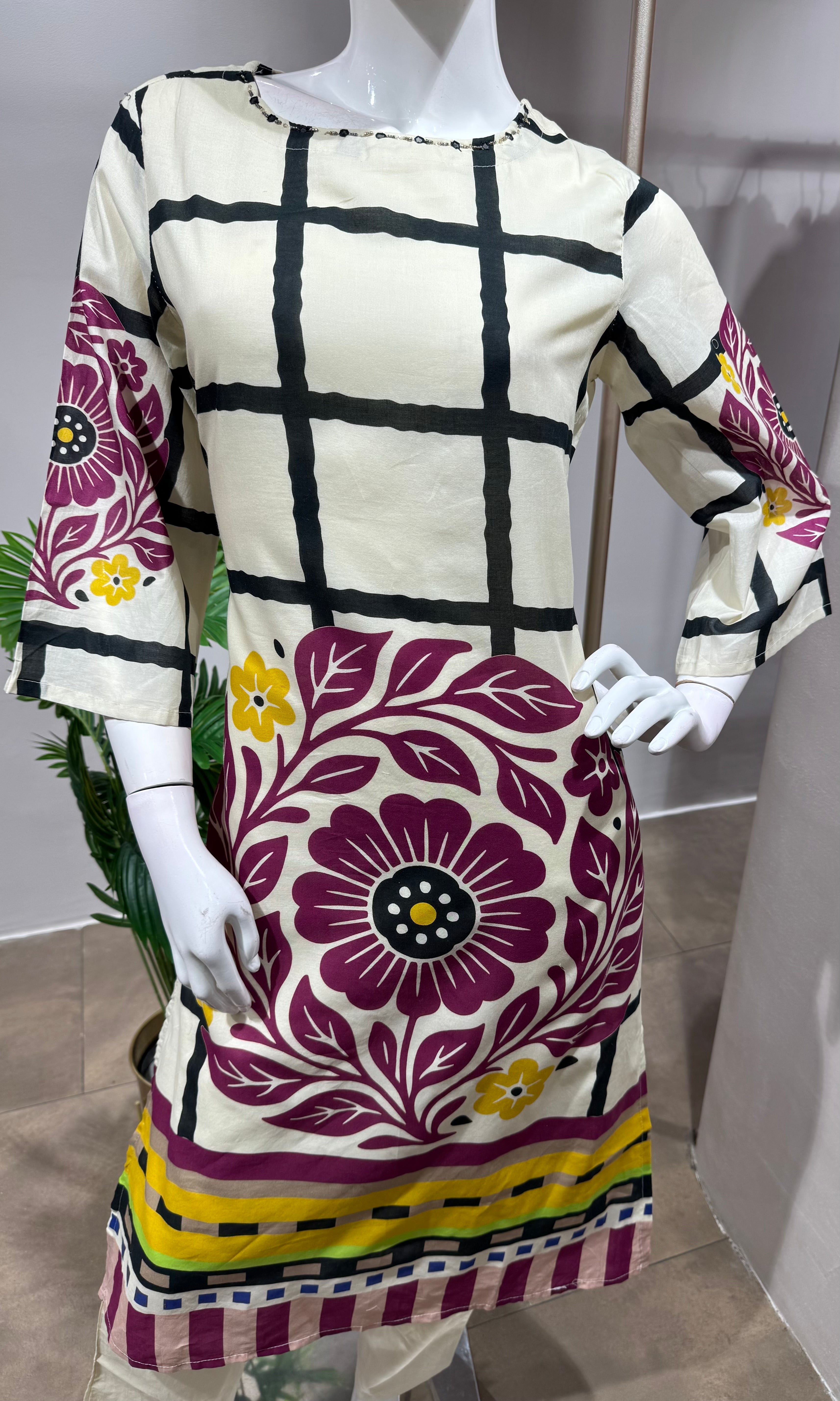 PURPLE Silk Kurti Set with Floral Print