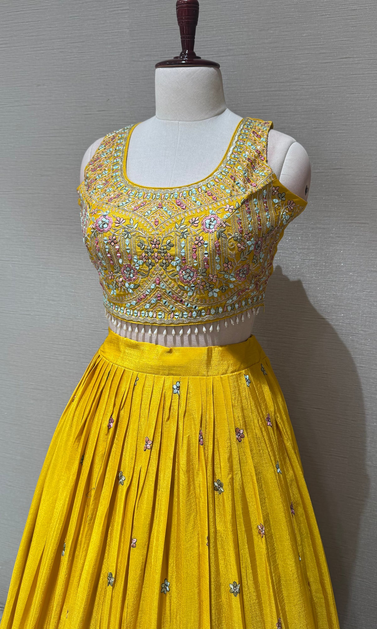Yellow tissue silk Lehenga Set with Intricate Floral Embroidery