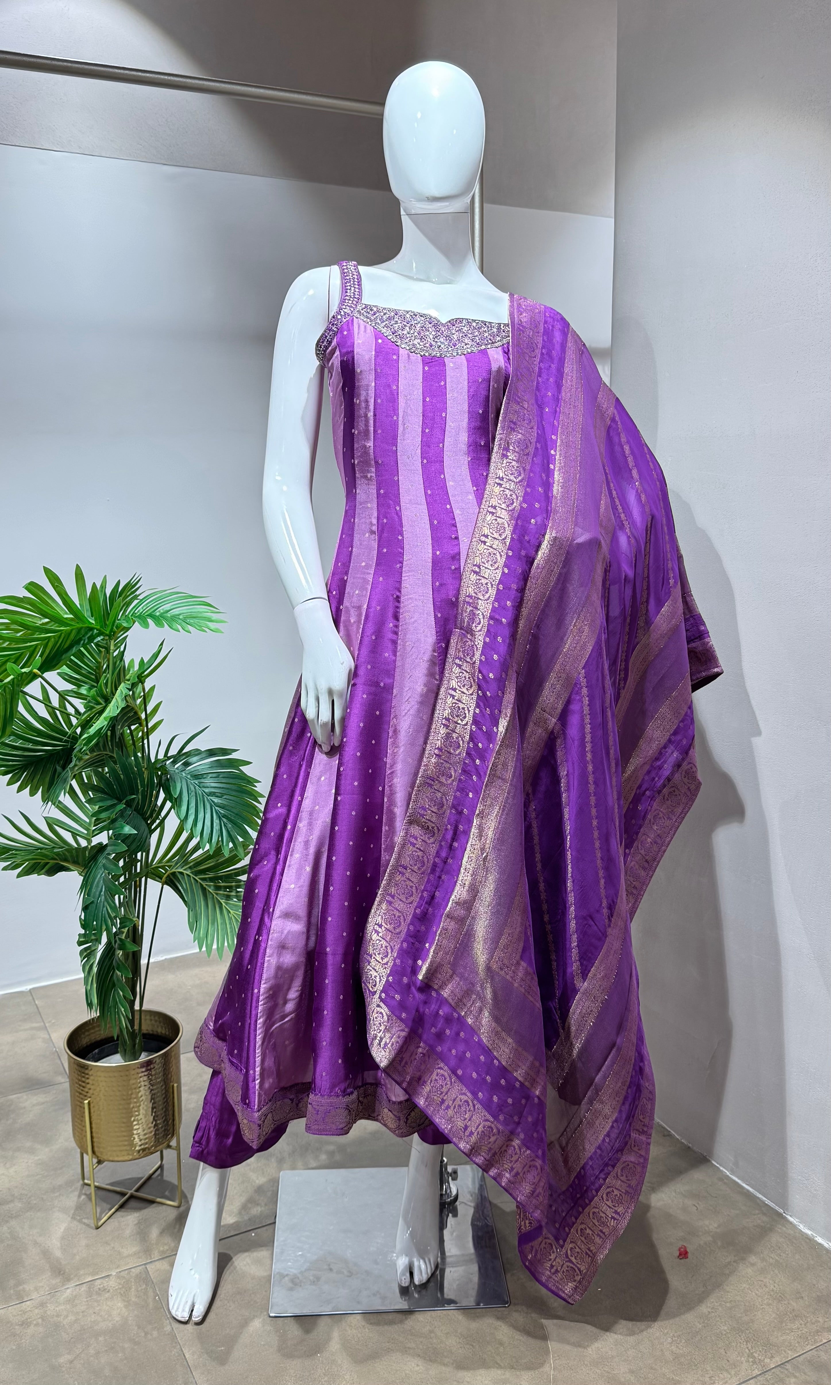 Purple Striped Anarkali with Zari Border & Dupatta