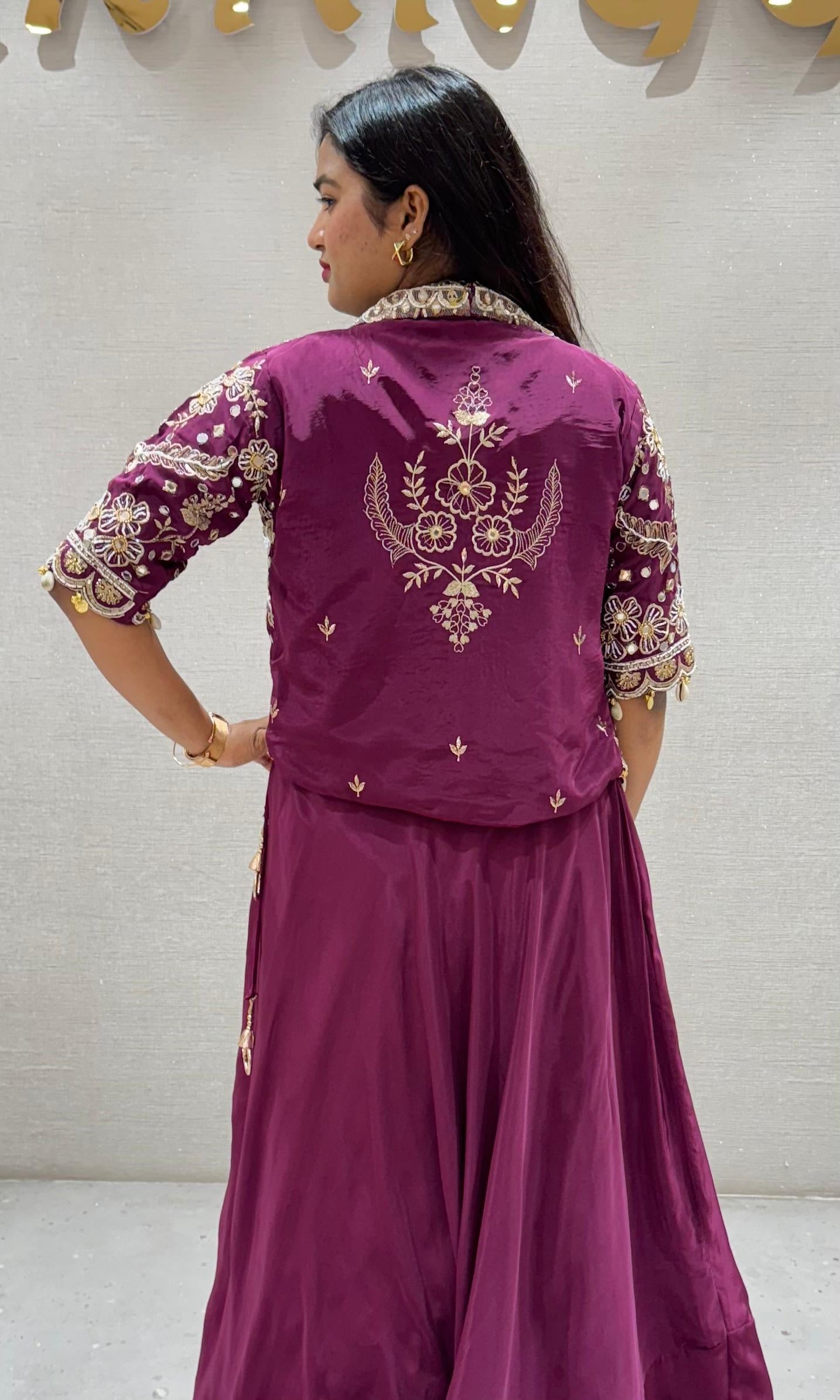 Wine Lehenga with Embellished Crop Jacket