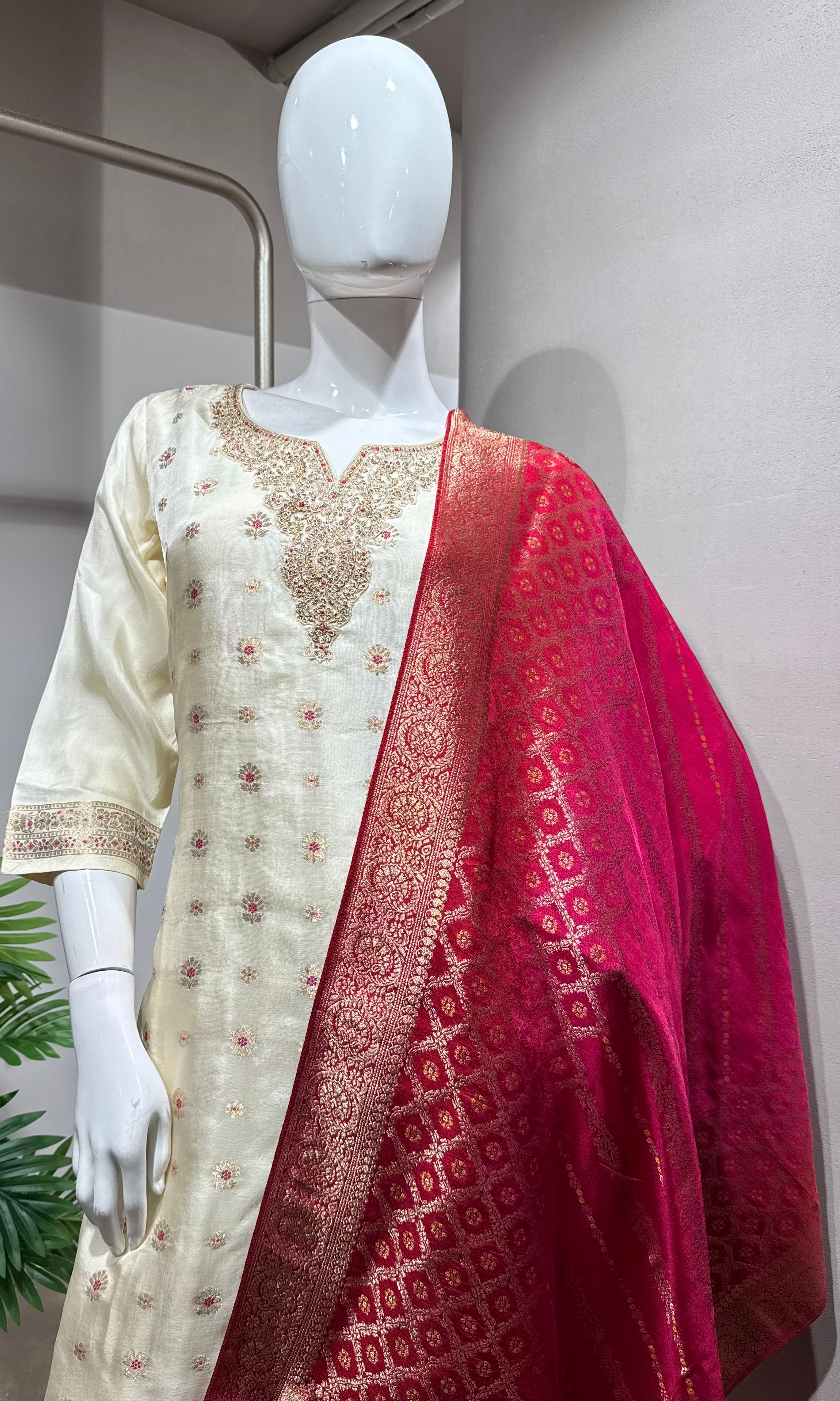 HALF White Tissue Silk Embroidered & Dupatta