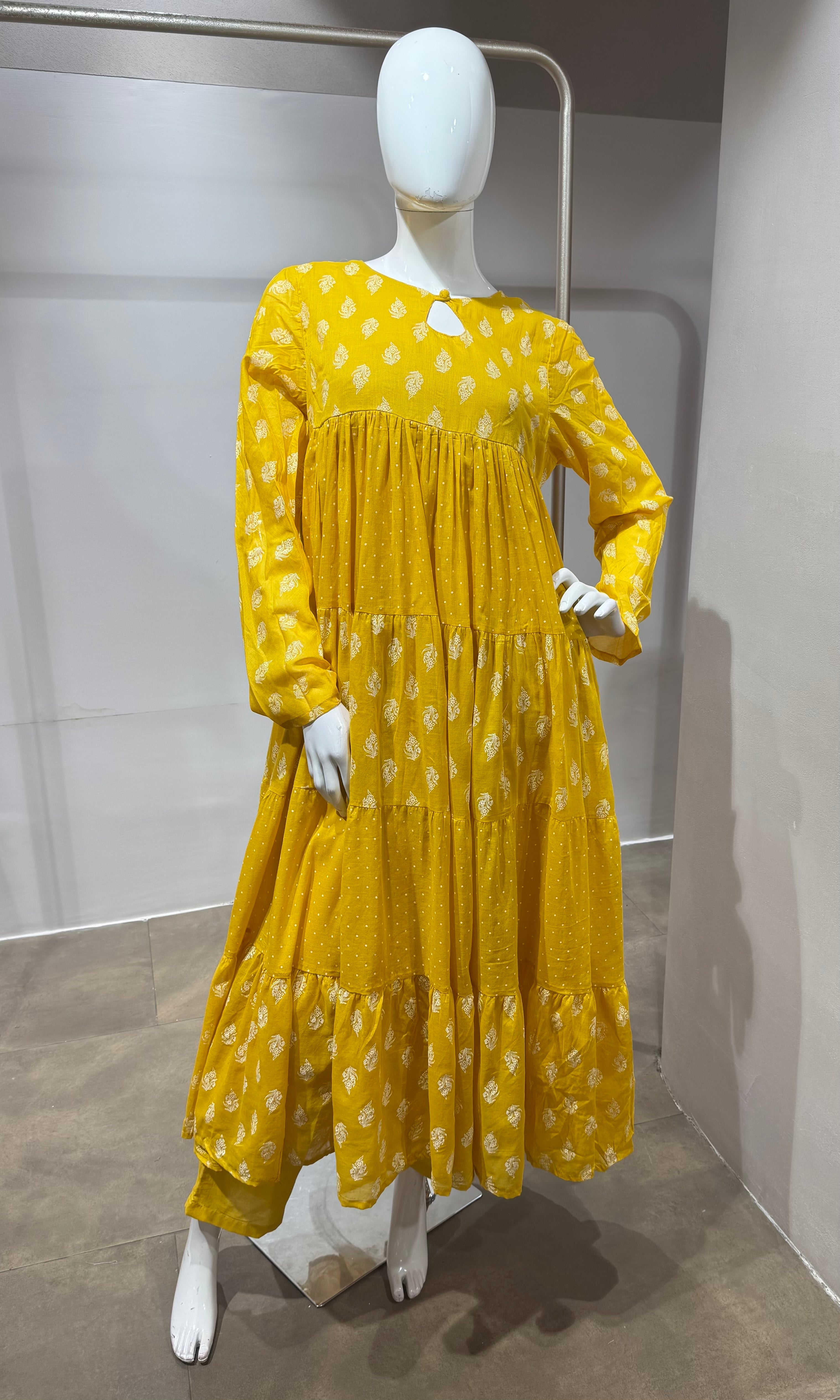 Mustard Floral Block Print anarkali Set with Dupatta