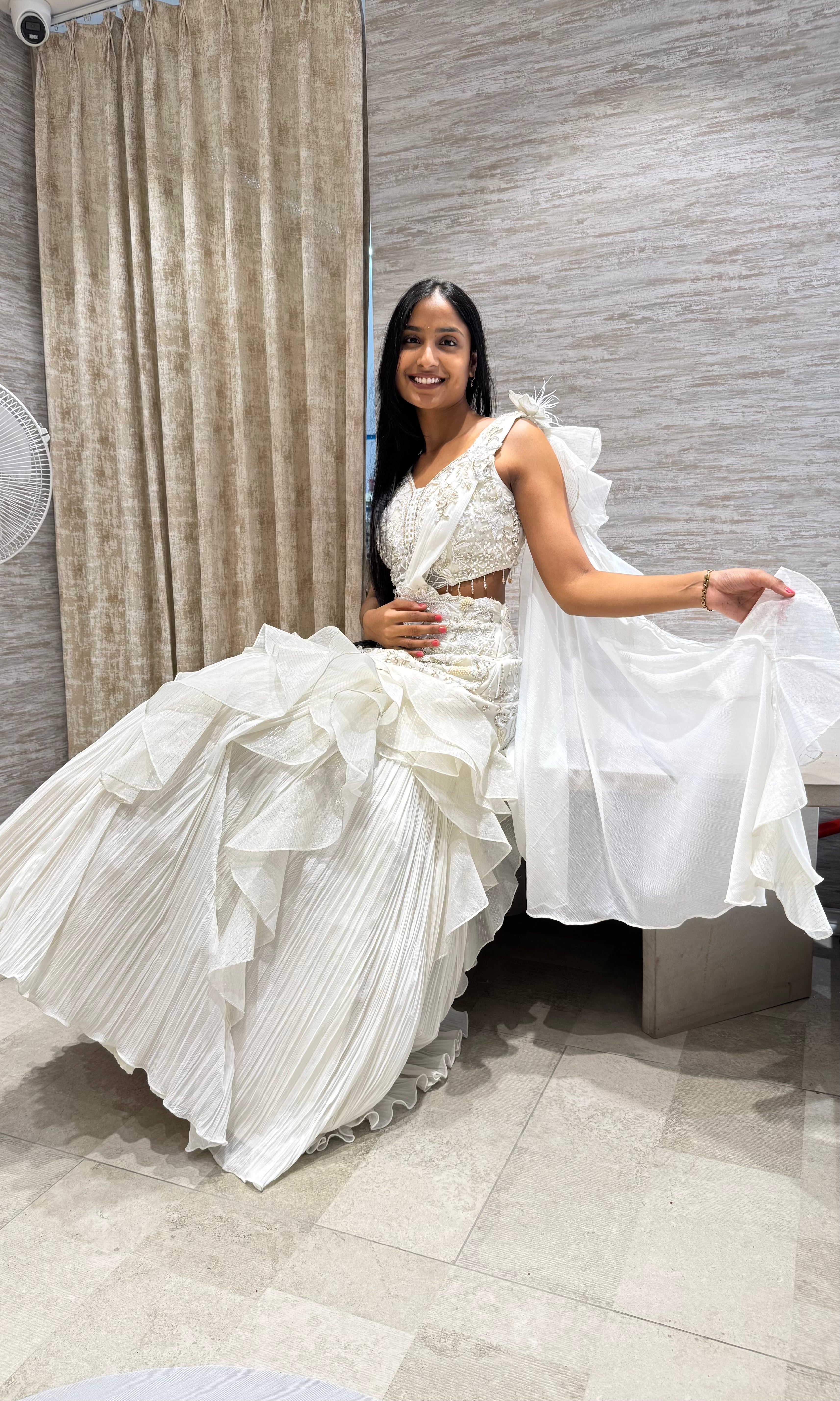 WHITE RUFFLE EMBROIDERED LEHENGA