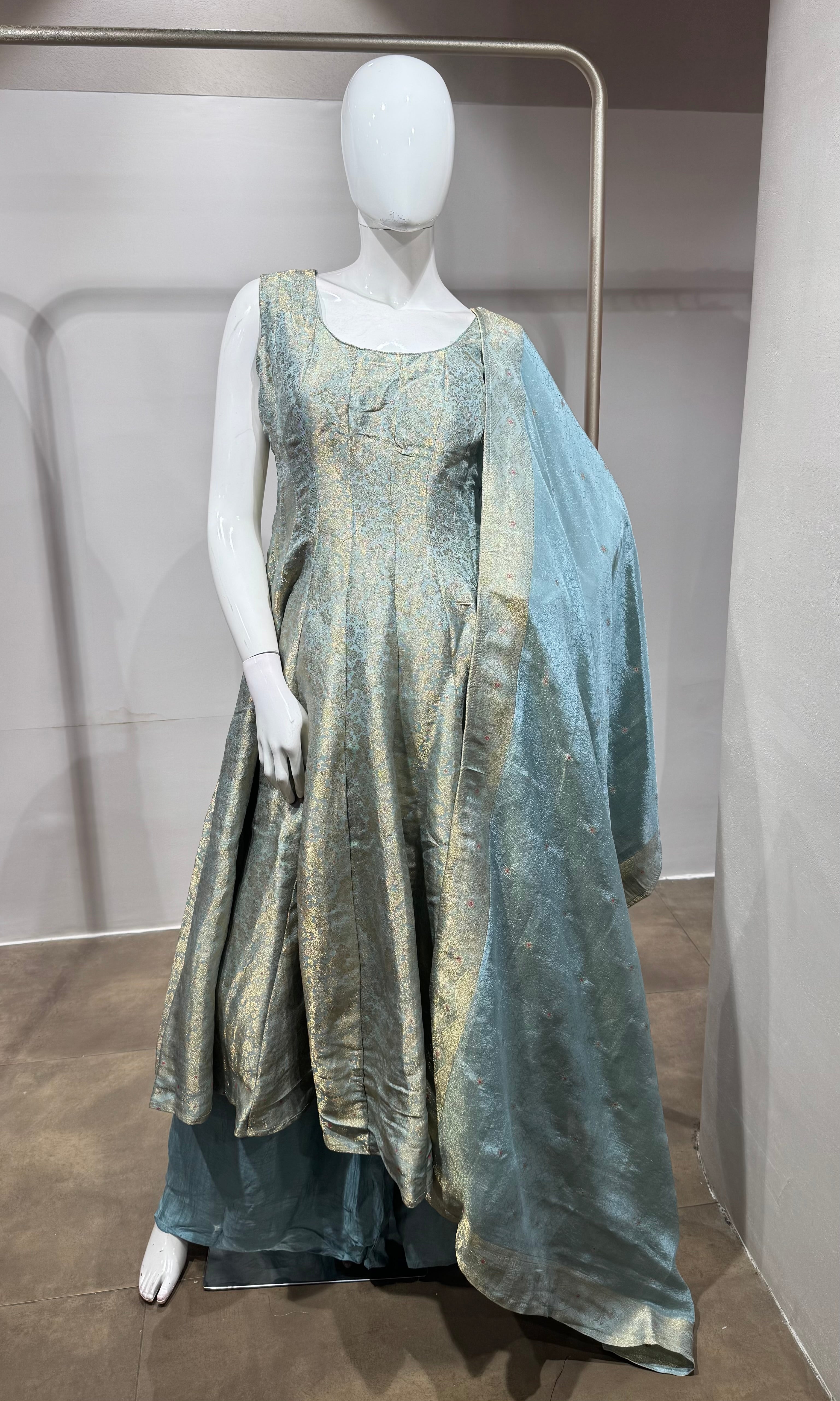 blue Banarasi Anarkali set with palazzo pants