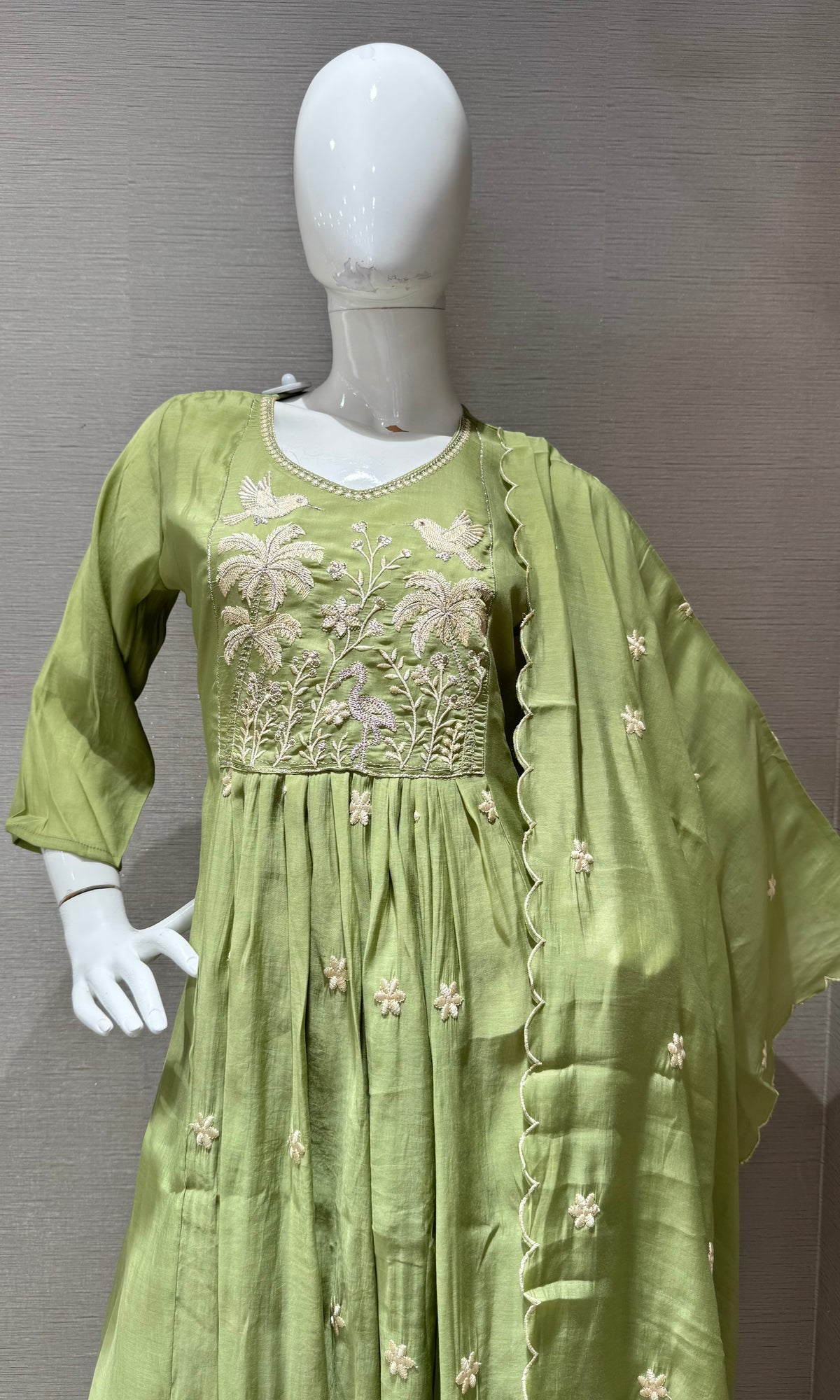 Olive Green mul chanderi Kurta Set with Dupatta