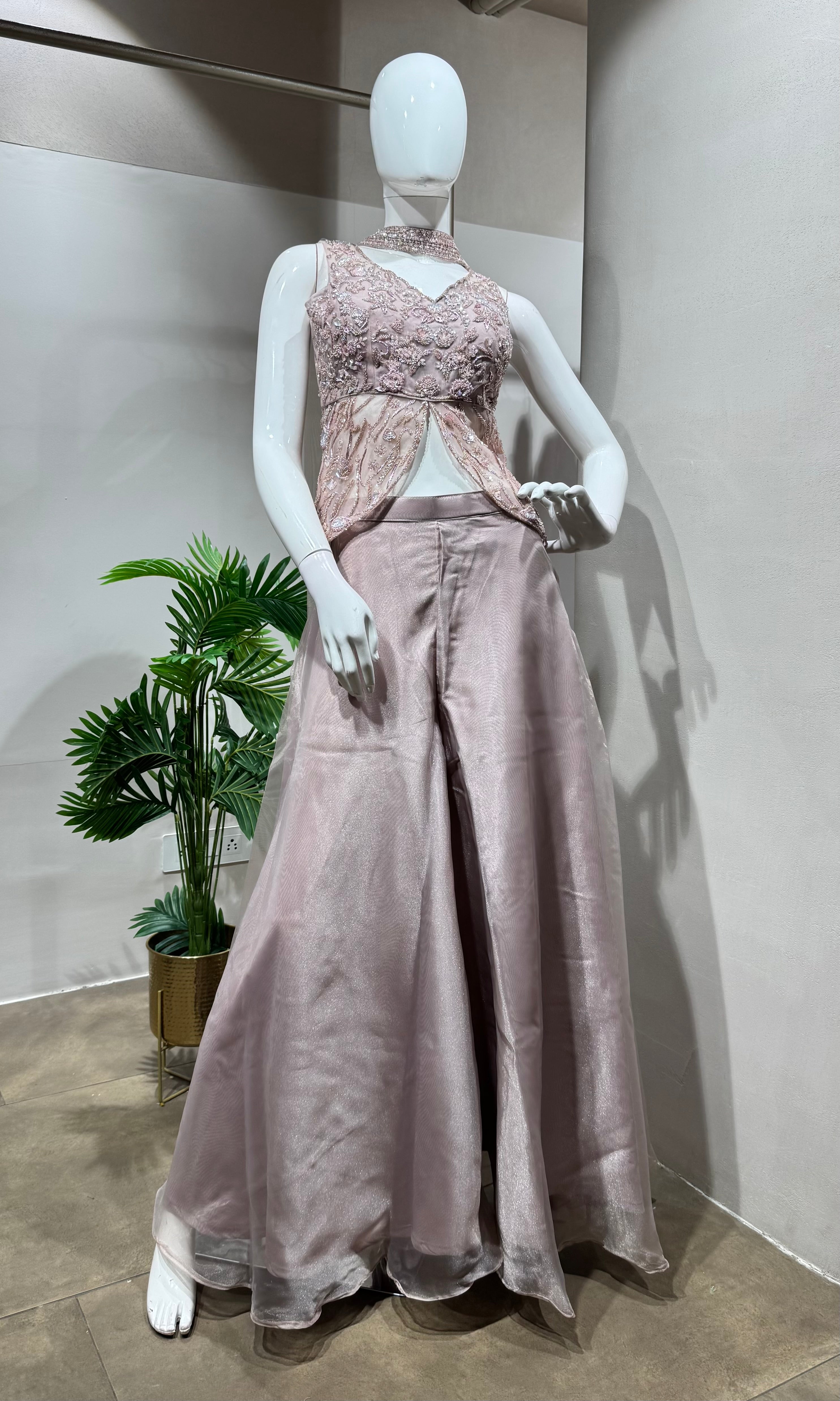 pink embellished crop top and palazzo set