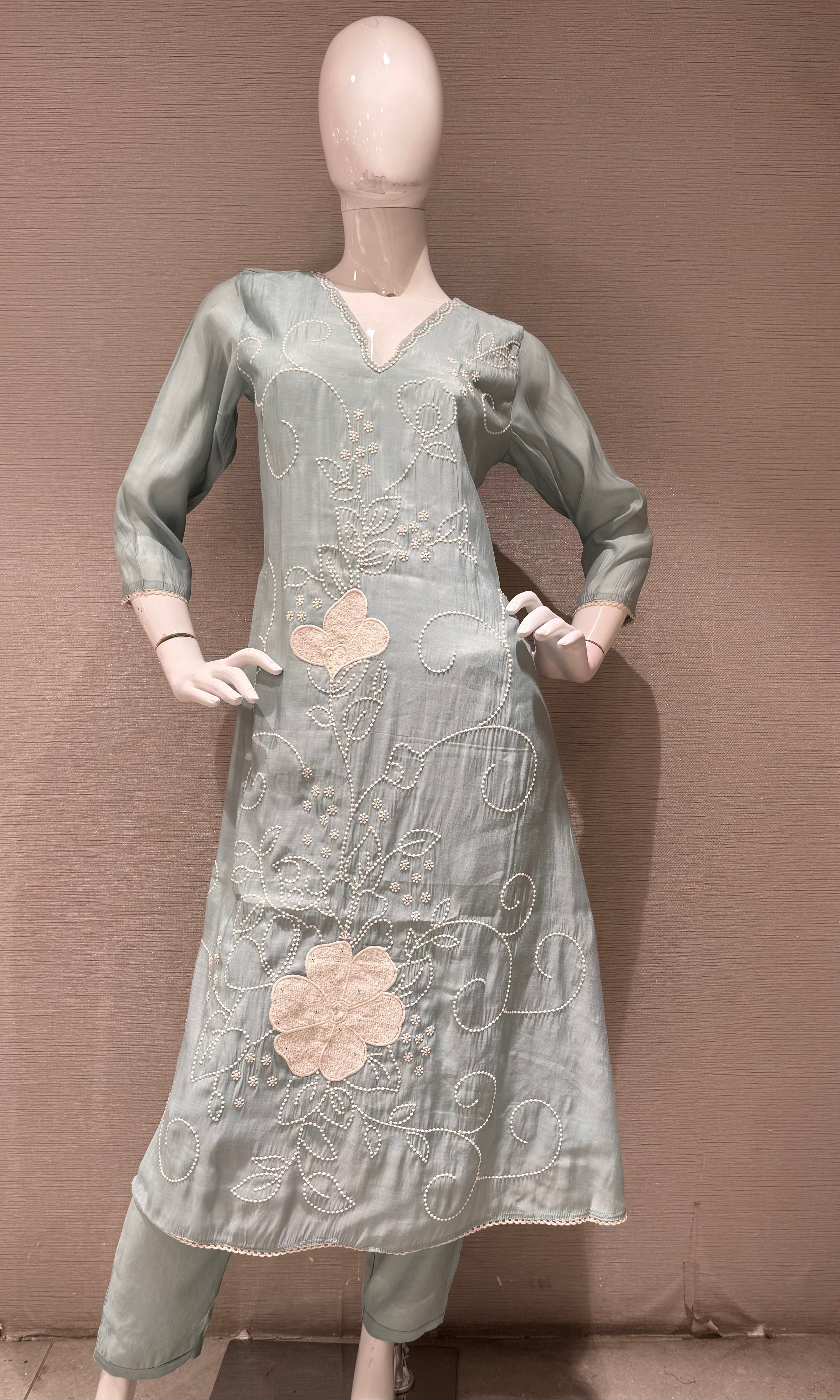 Sky Blue Cotton silk Floral Kurta set with dupatta