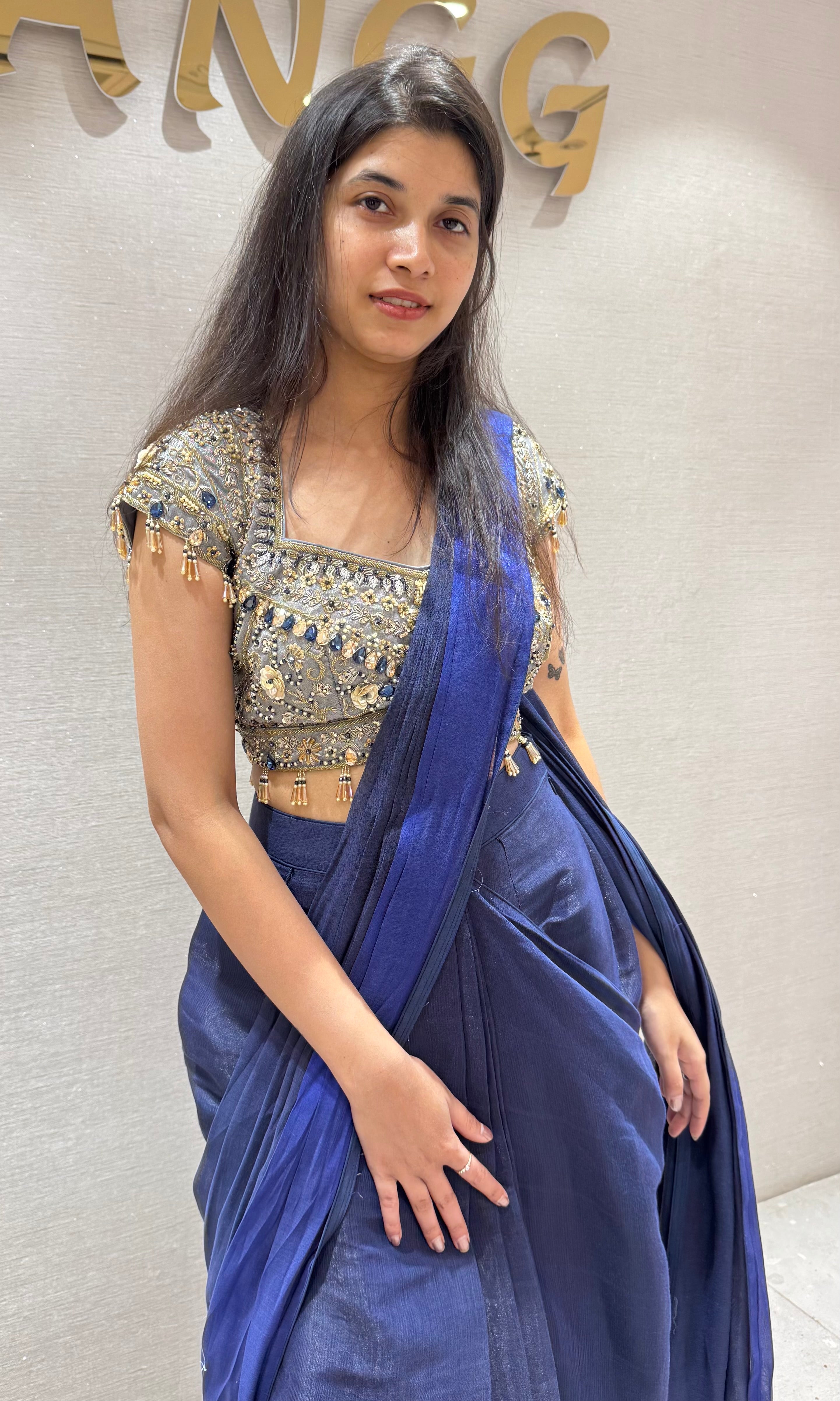 Blue Drape Saree with floral blouse