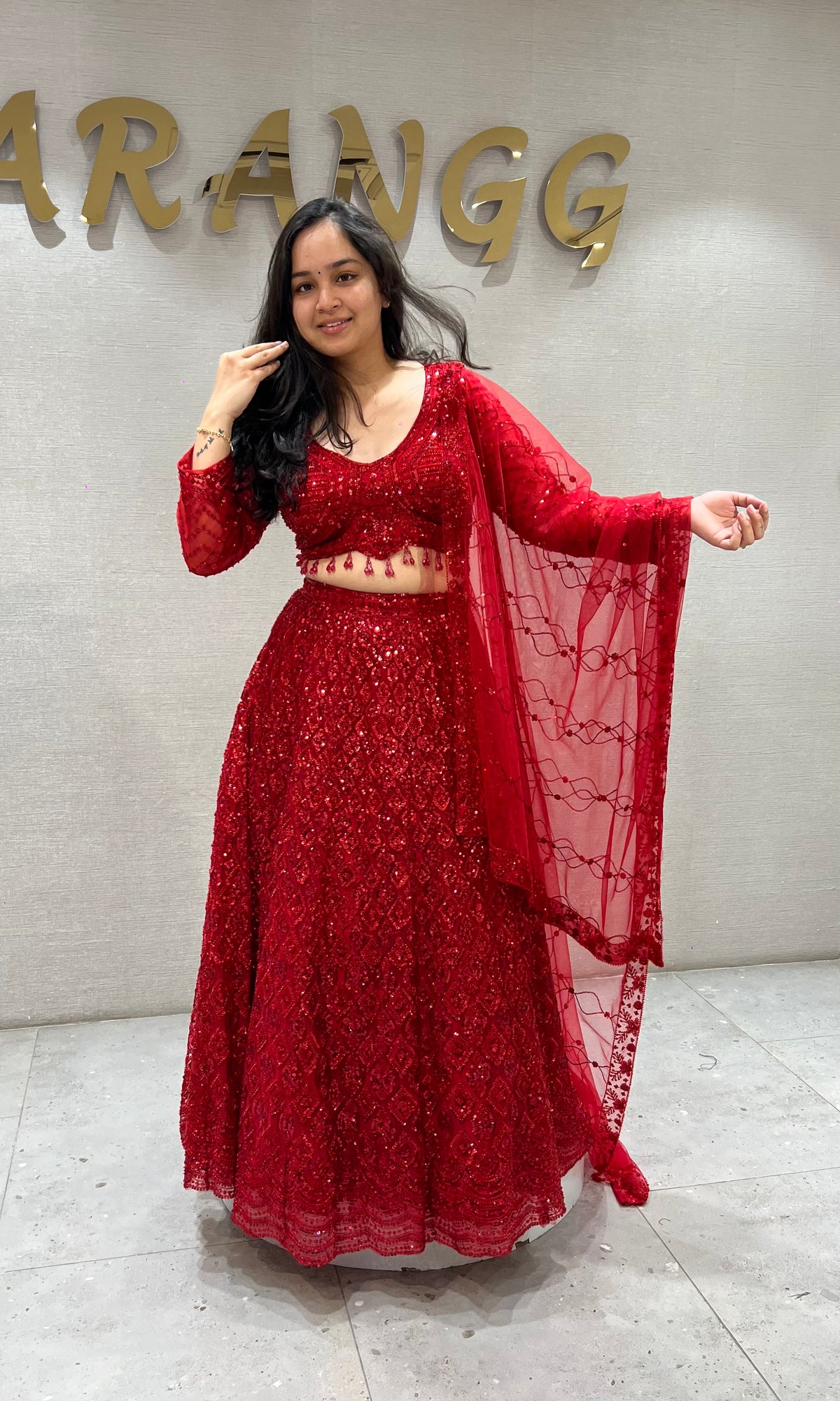 Crimson Red Embroidered Lehenga with Net Dupatta