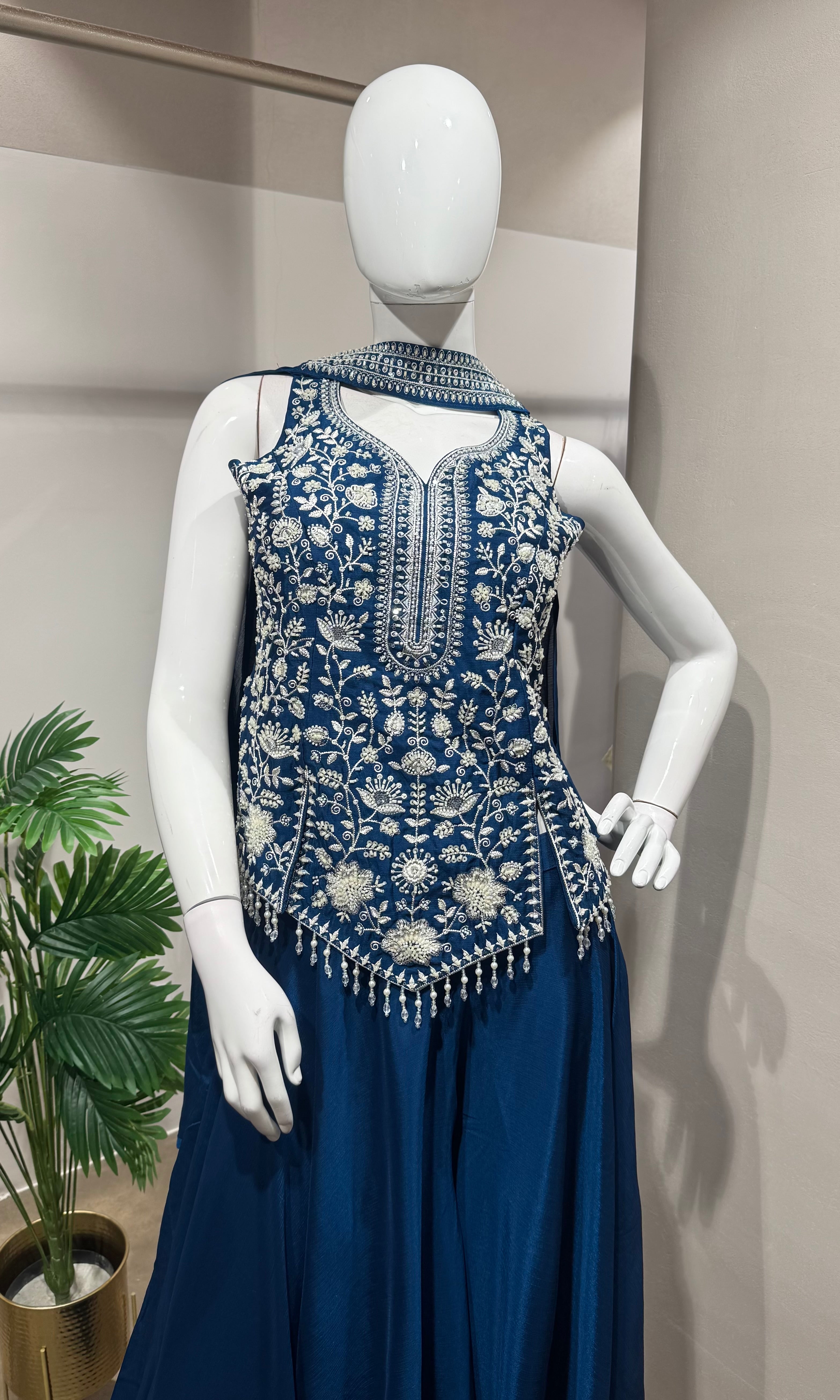 Blue Embroidered Peplum & Palazzo Set