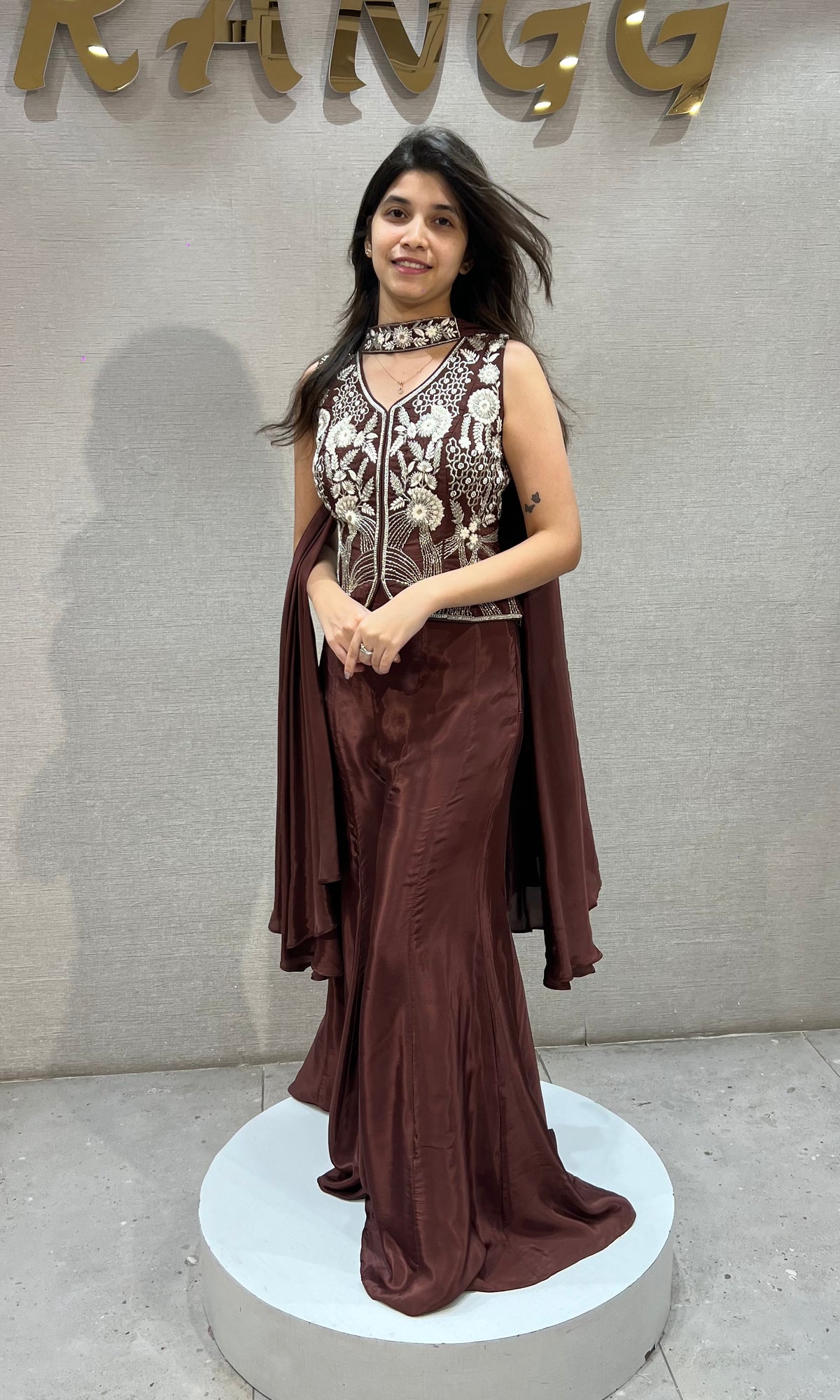 Brown Silk golden floral embroidered peplum palazzo set