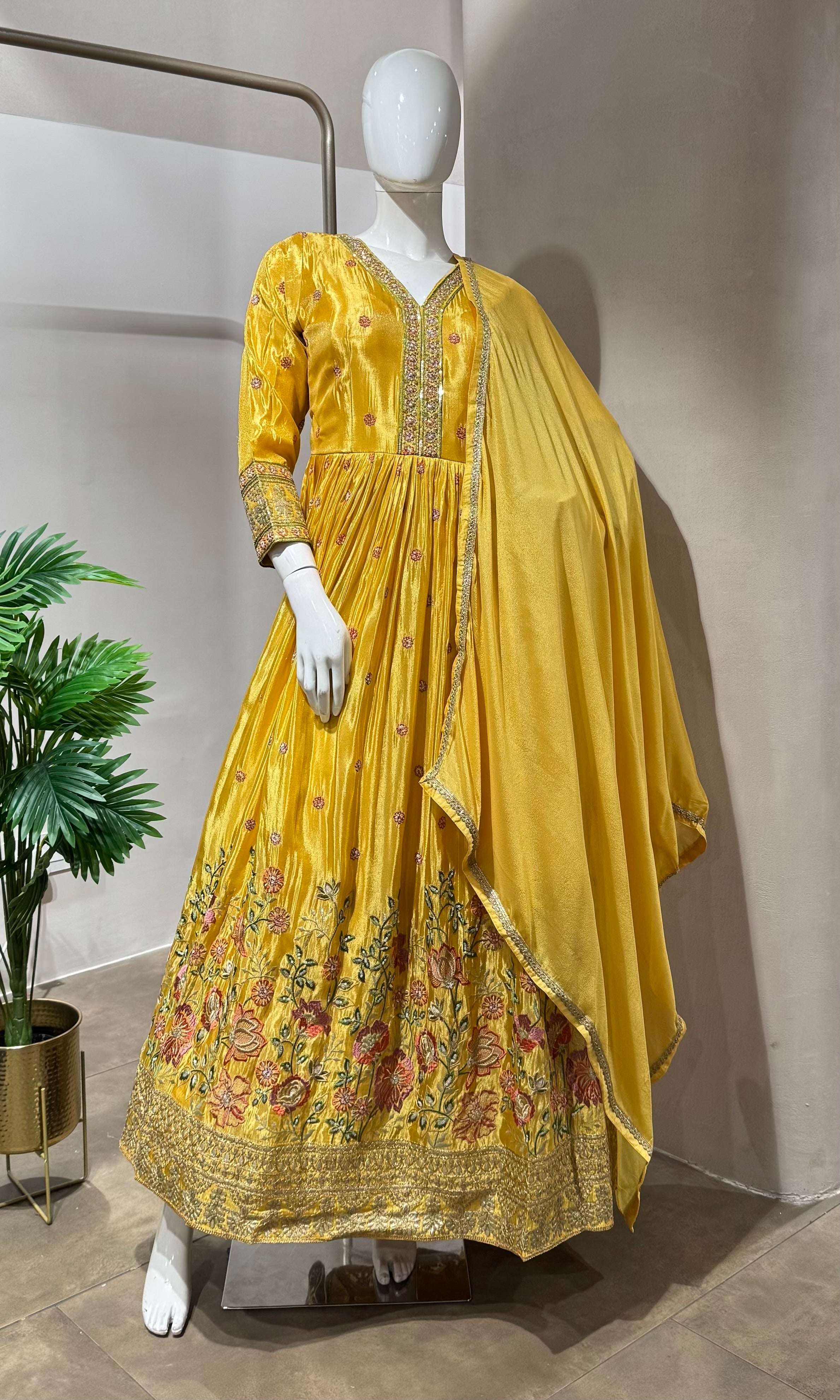 YELLOW SHIMMER TISSUE EMBROIDERY ANARAKALI