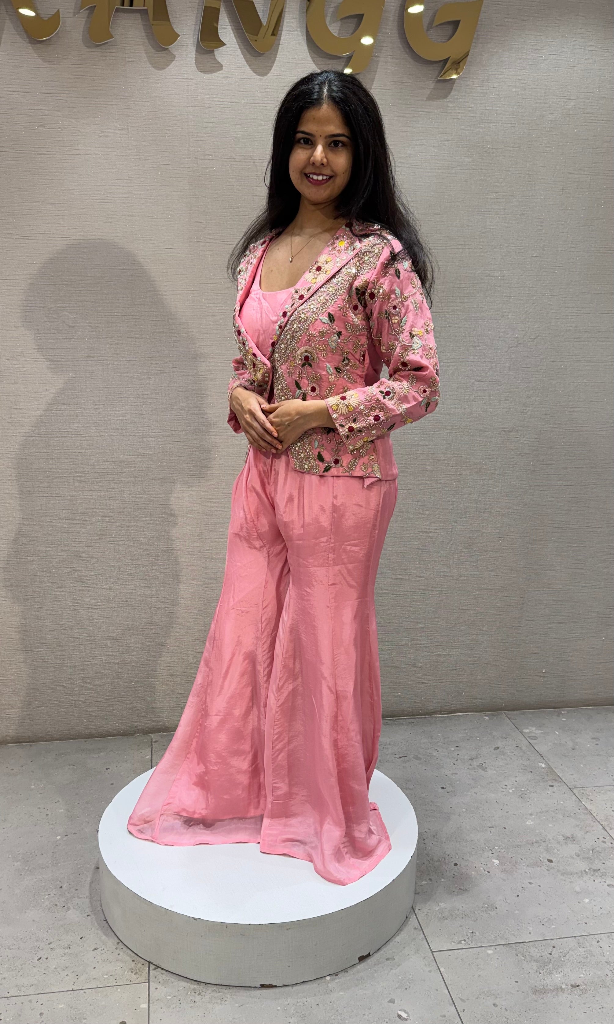 Baby Pink Silk Floral Jacket with Palazzo pants