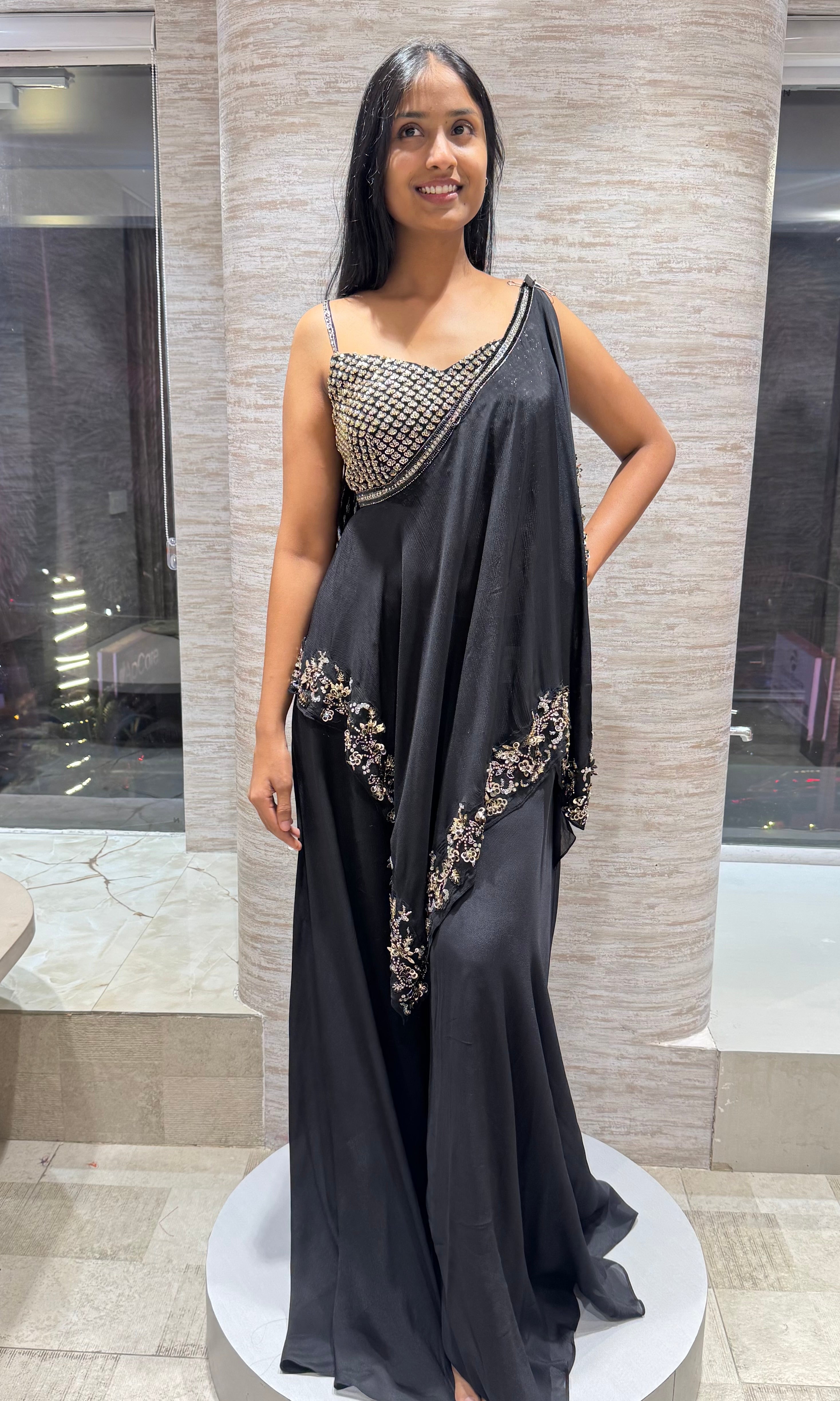 Black gold sharara with asymmetrical blouse