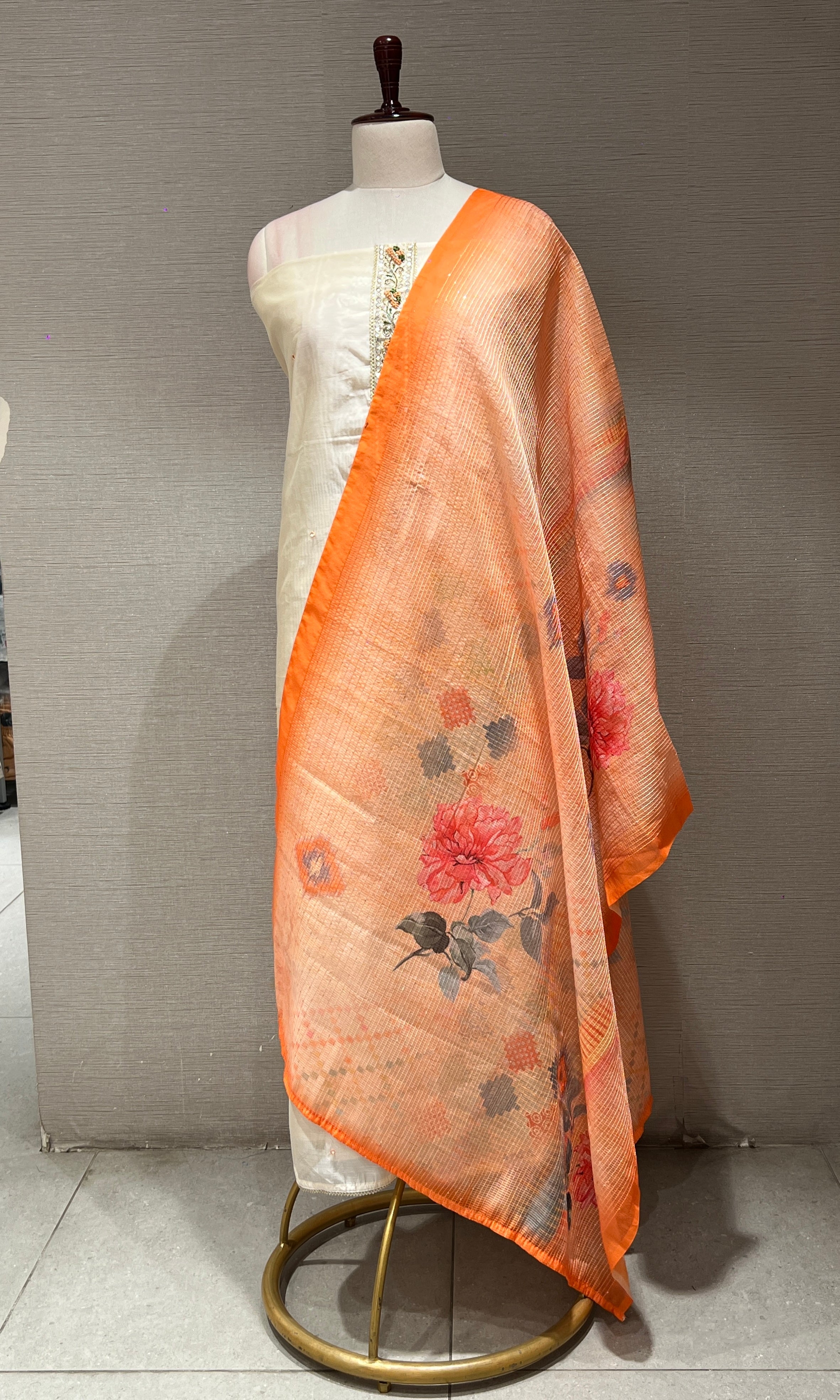 OFF WHITE dress material WITH FLORAL DUPATTA