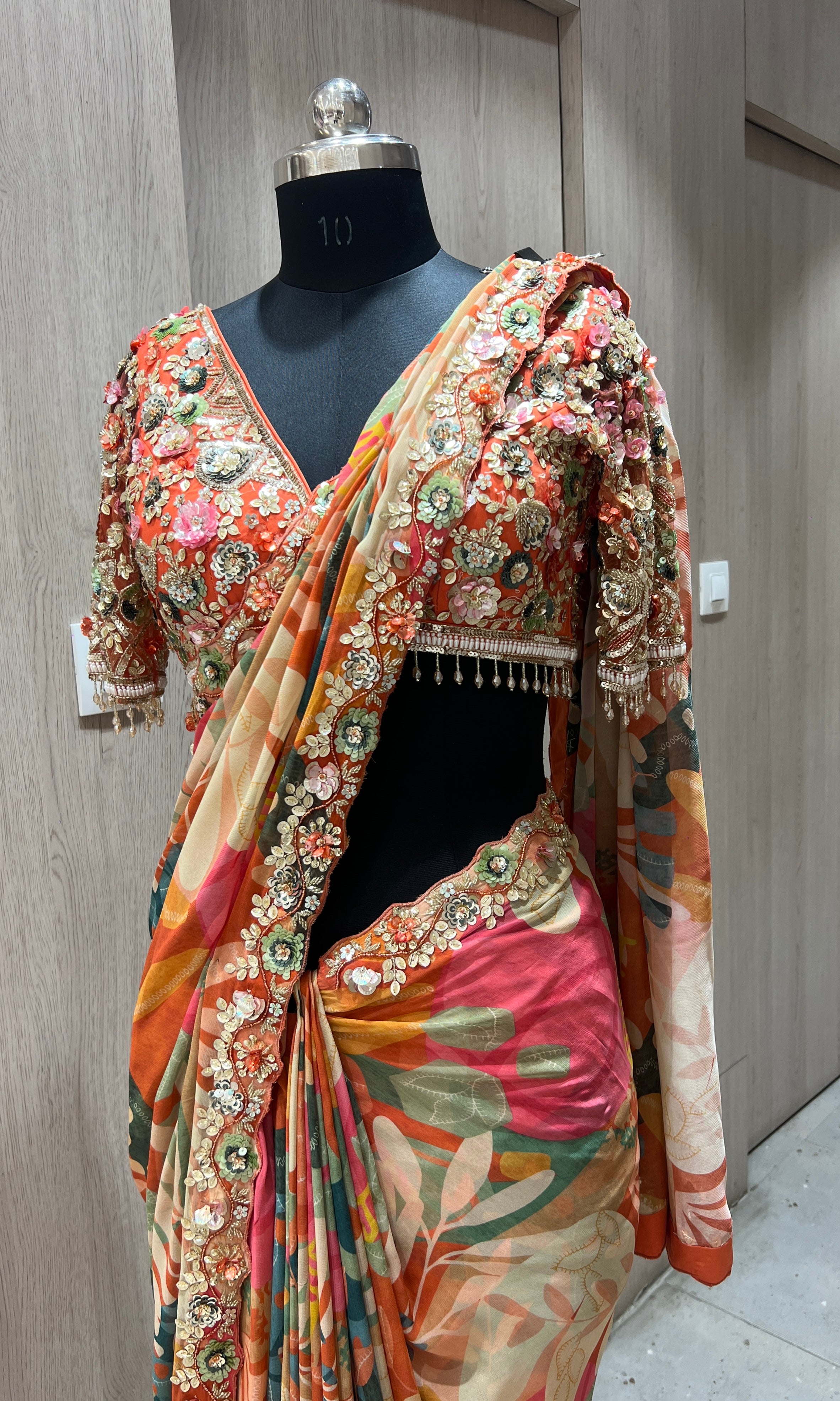 Orange saree with ready blouse