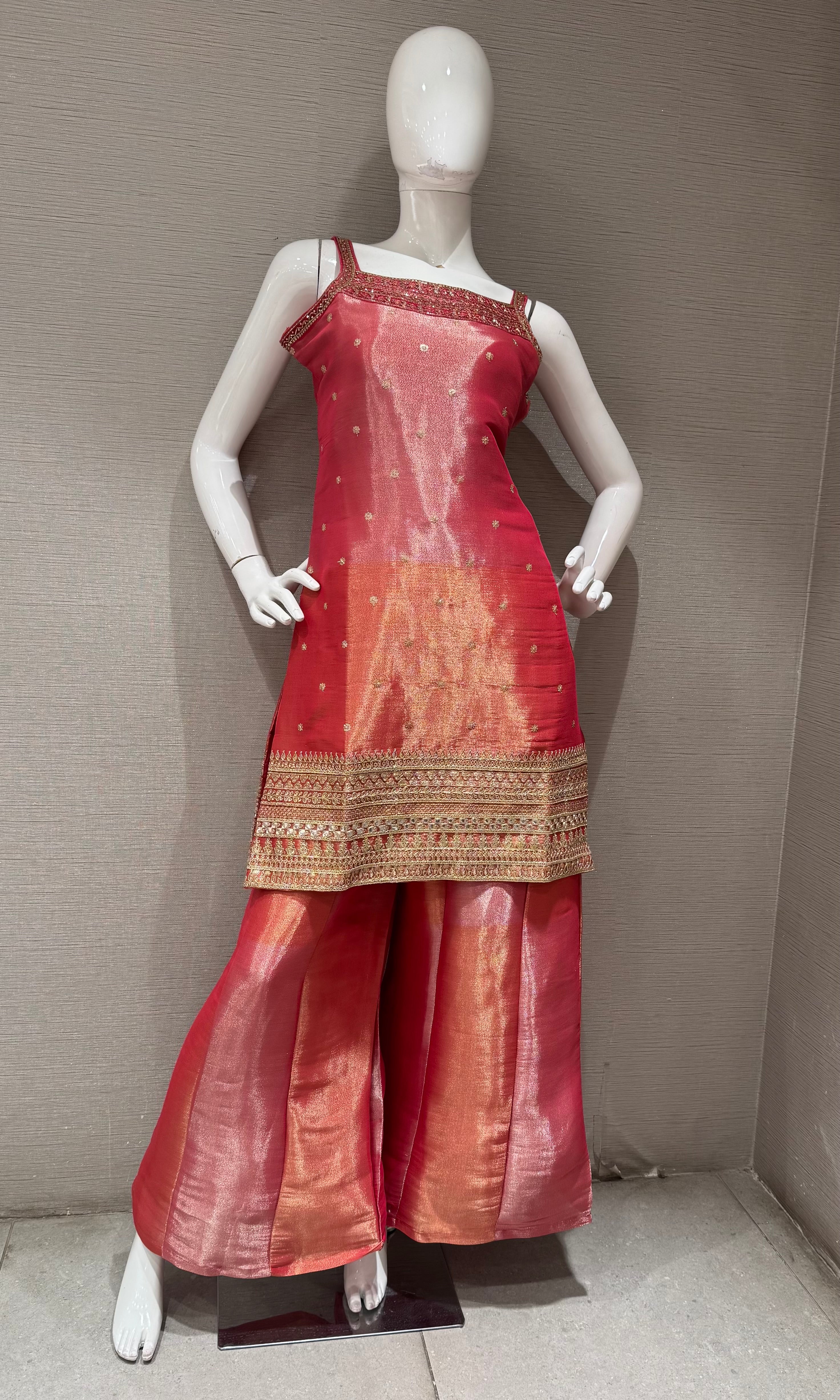 Pink and Gold Zari Sharara set with Sheer Dupatta