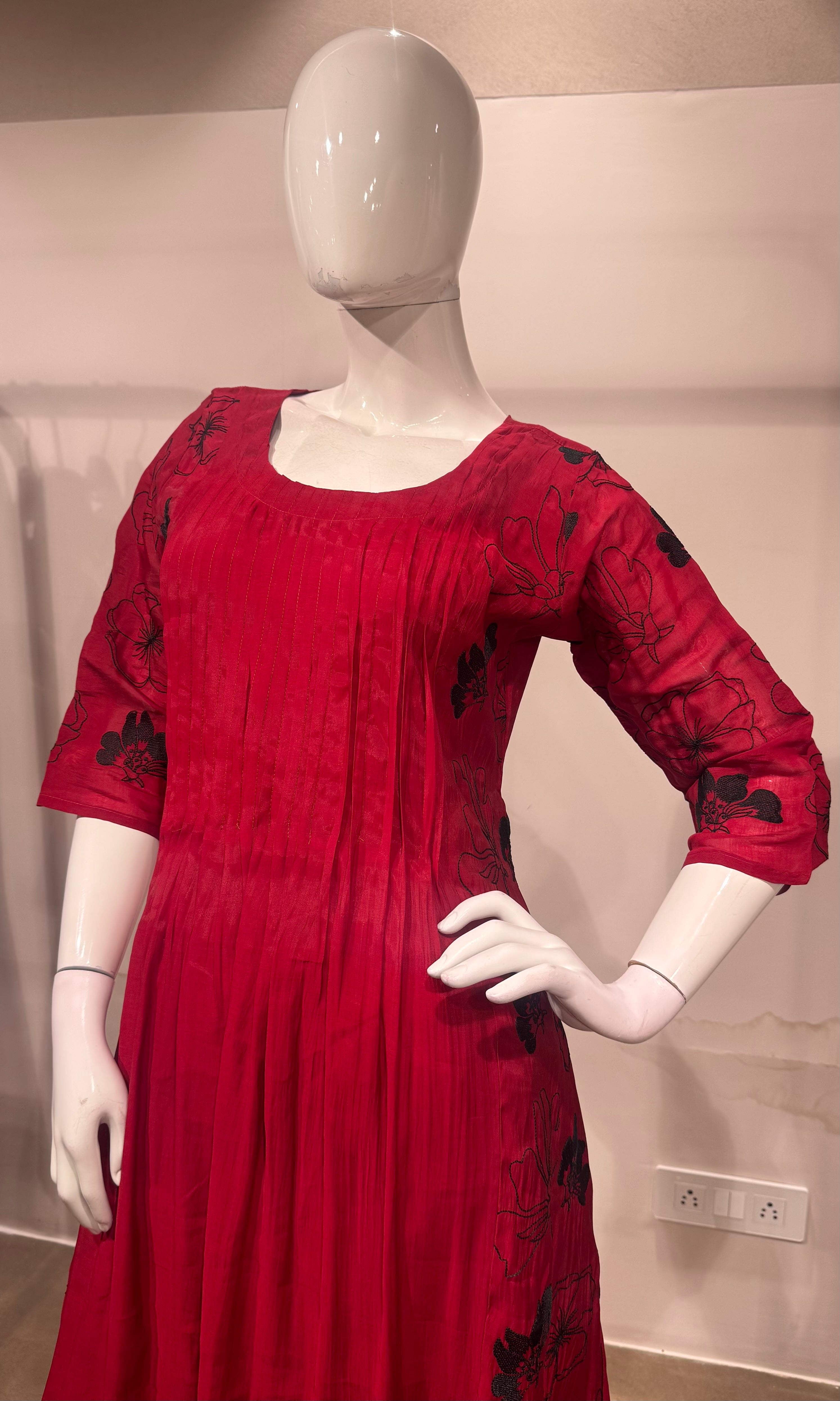 Rani Floral Mul chanderi Kurta Set with Dupatta