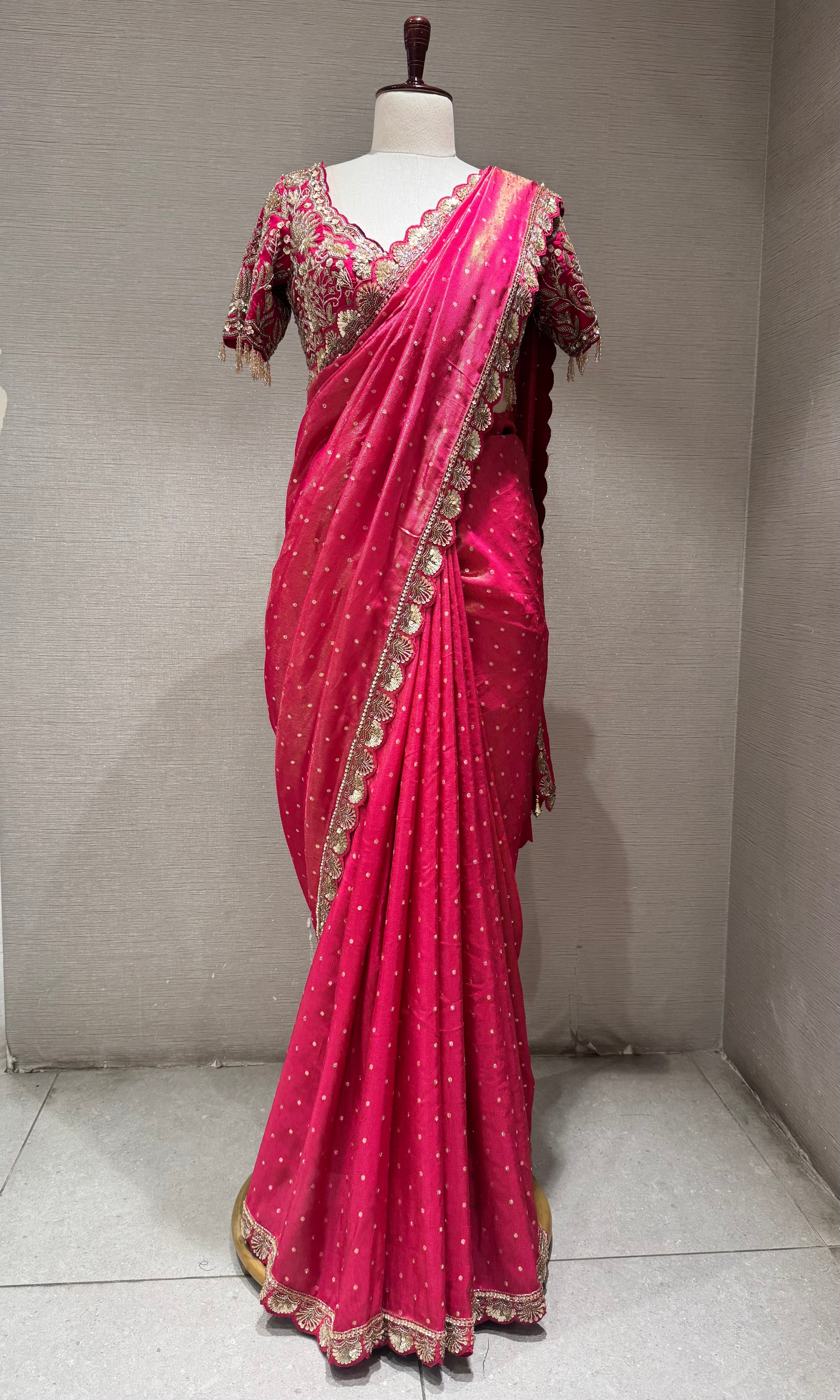 Pink Bandhani Saree with embroidered blouse