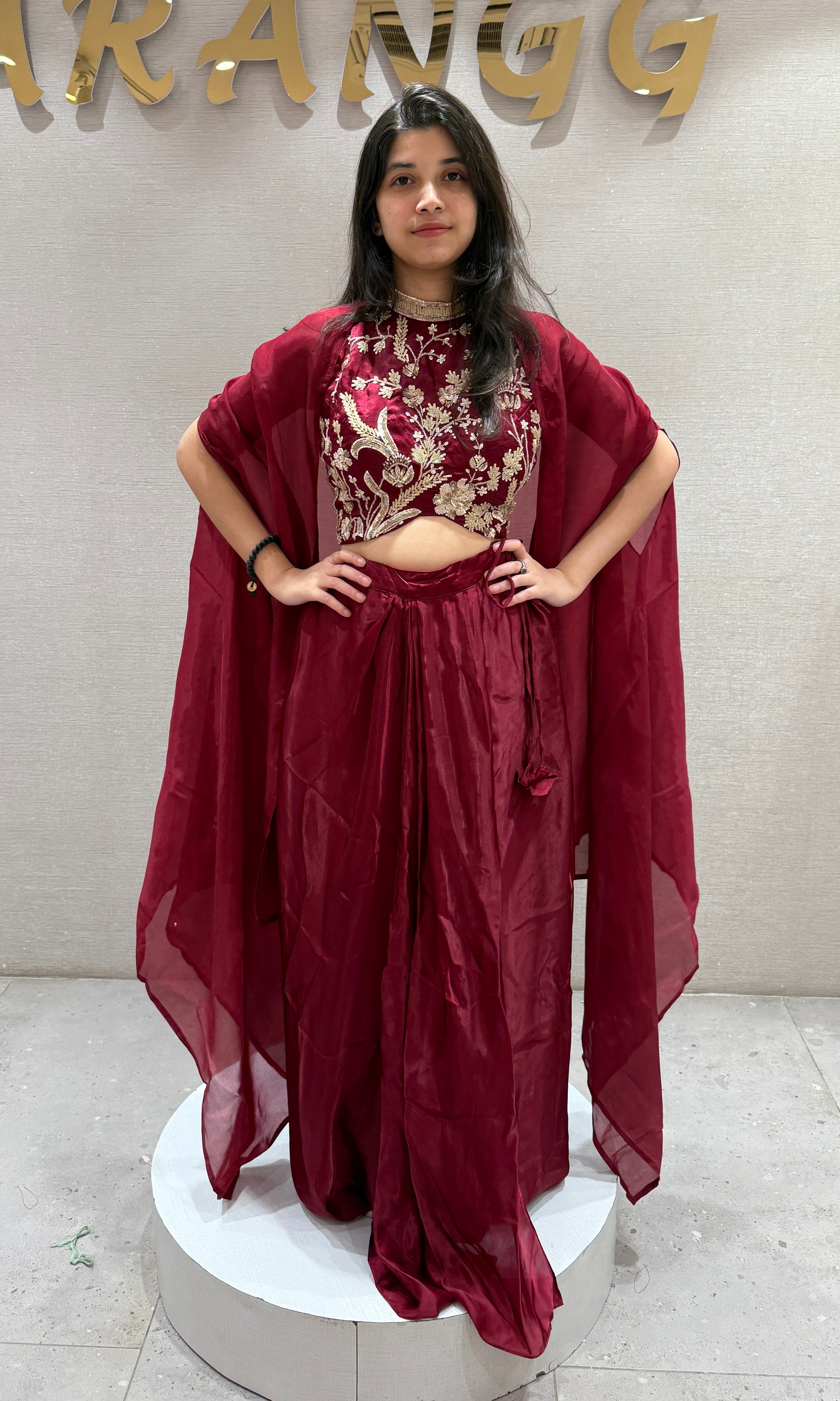 Maroon Embellished drape skirt with cape