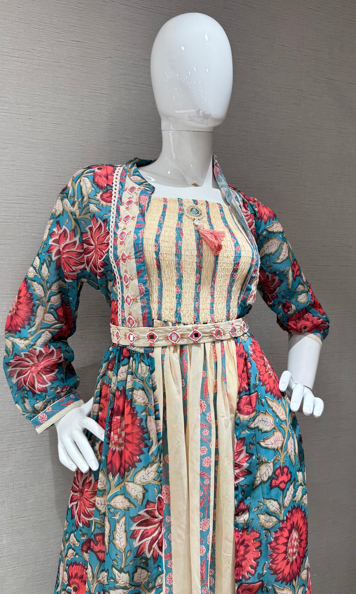 Teal Blue & Red Floral Dress with Striped Front Panel