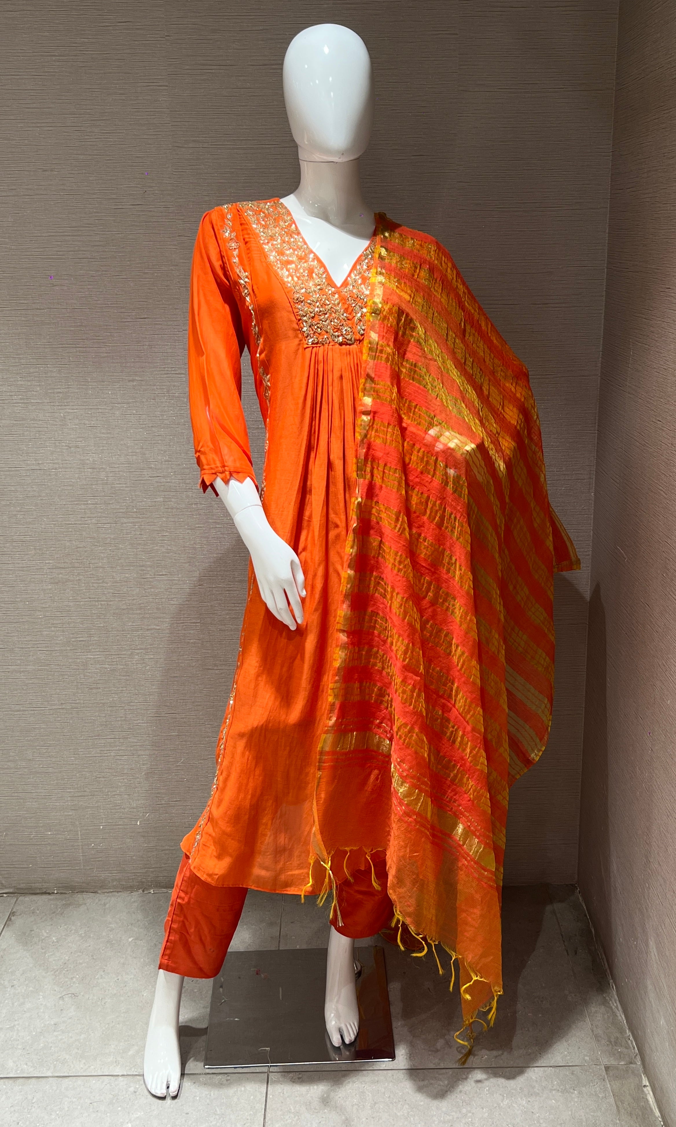 Orange Mul Chanderi kurta set