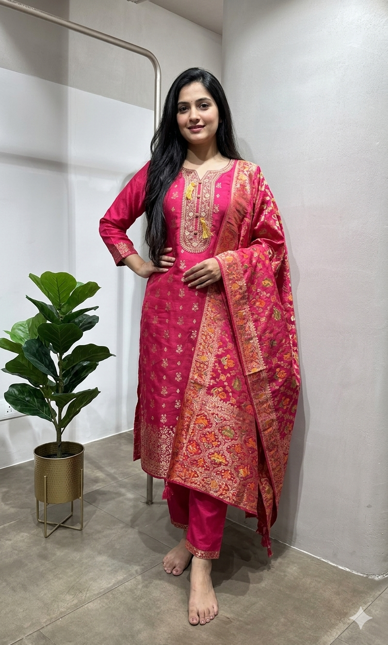 Pink Paithani art silk kurta set with dupatta