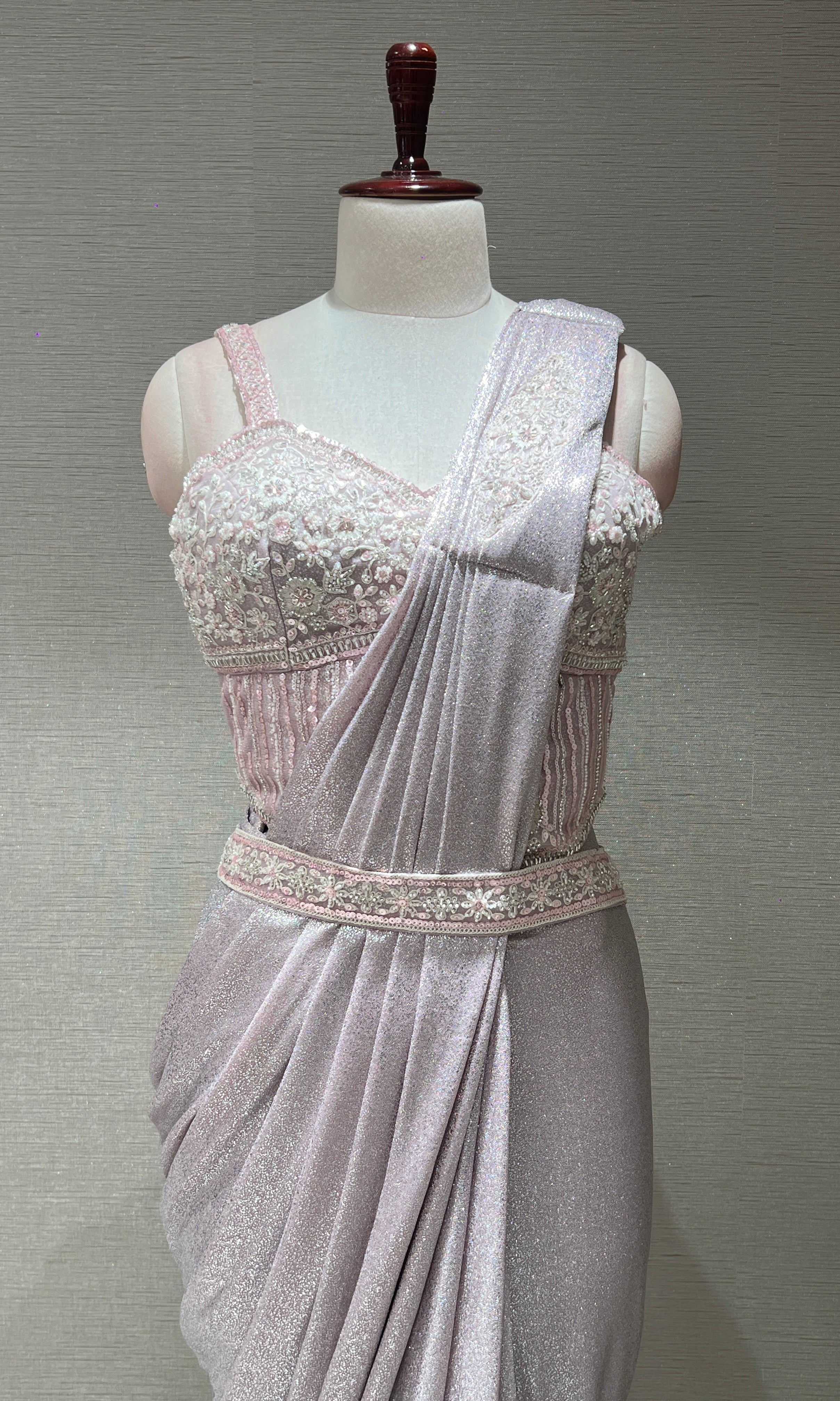 BABY PINK EMBELLISHED DRAPE SAREE WITH BELT