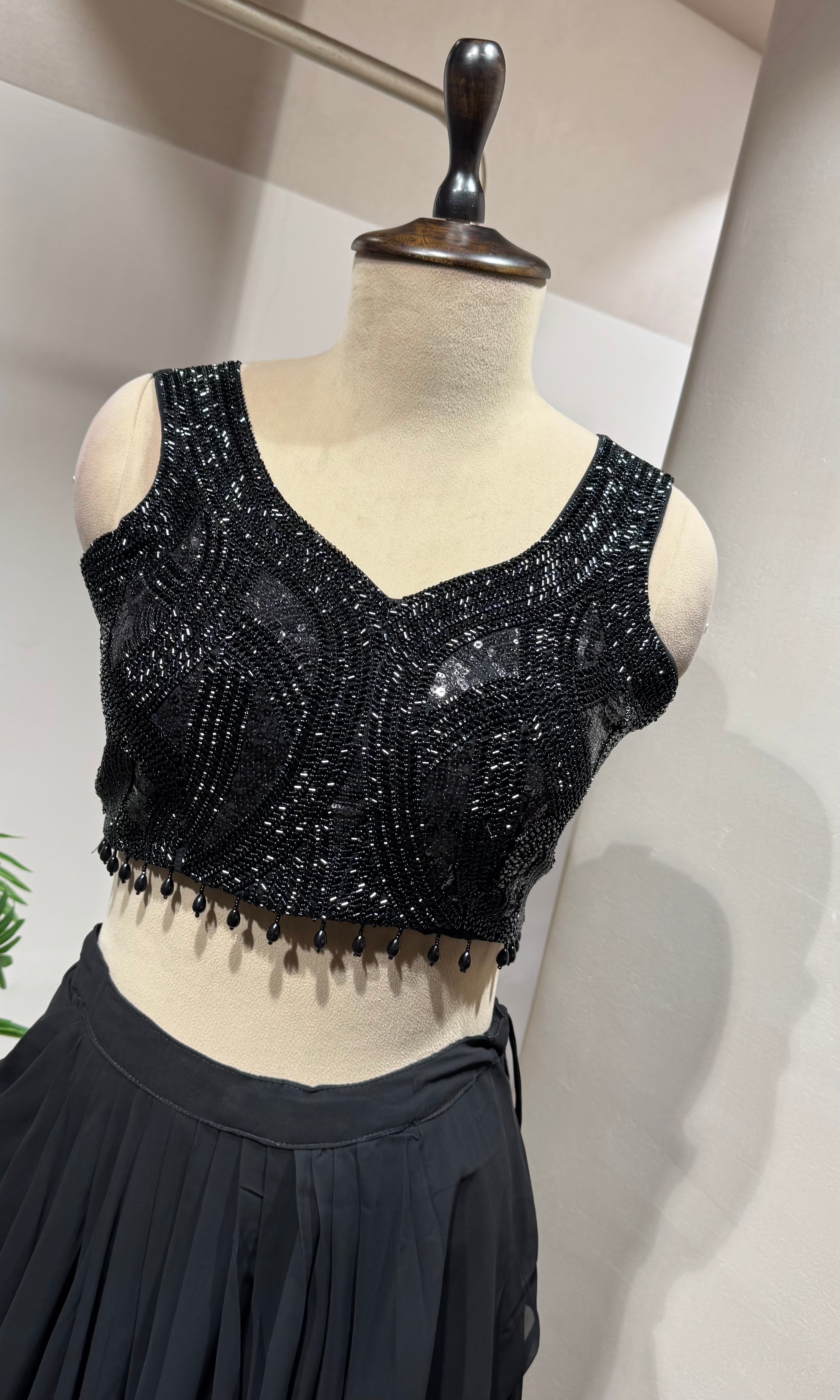 Black Embroidered Georgette Draped Skirt
