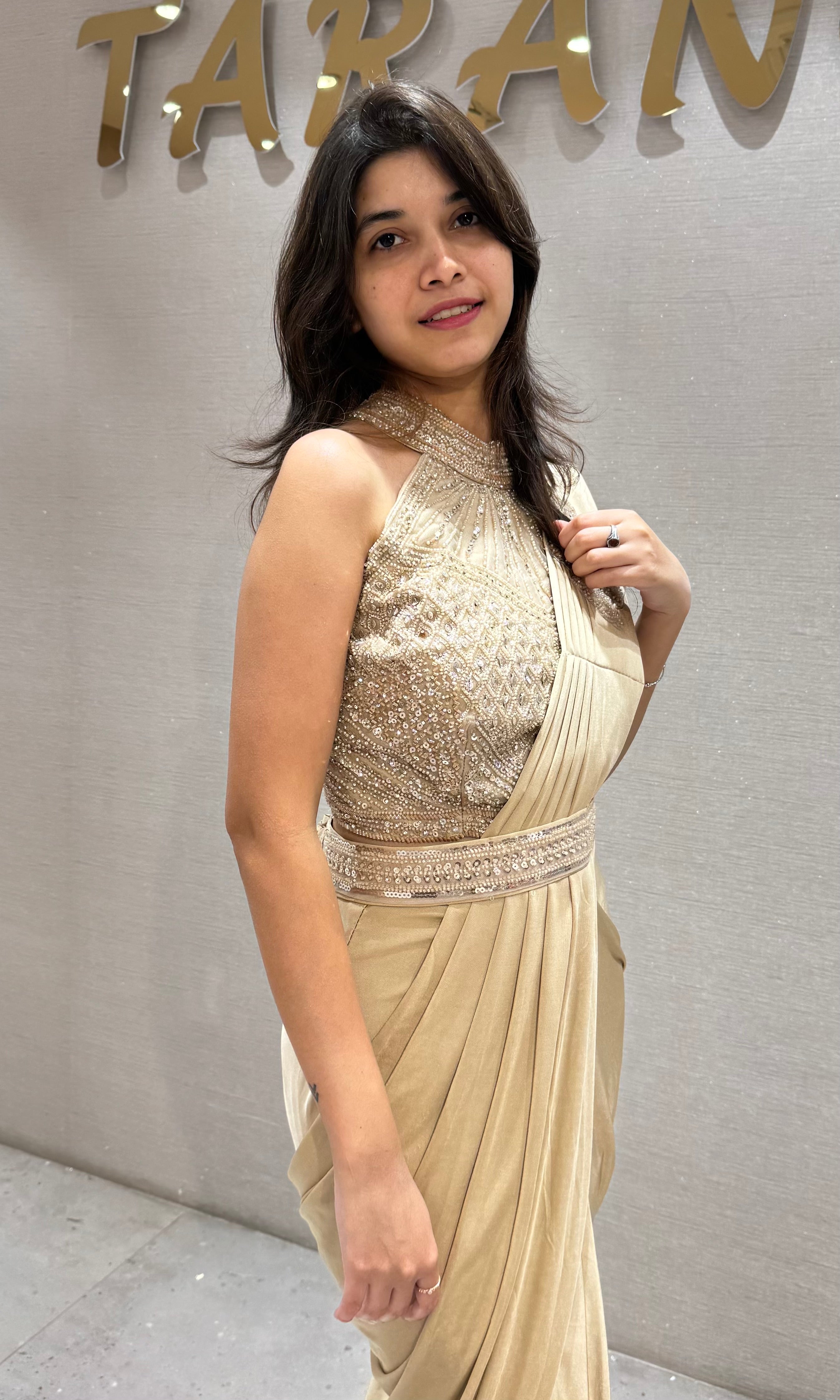 Golden Shimmer Saree with Embellished Waistband