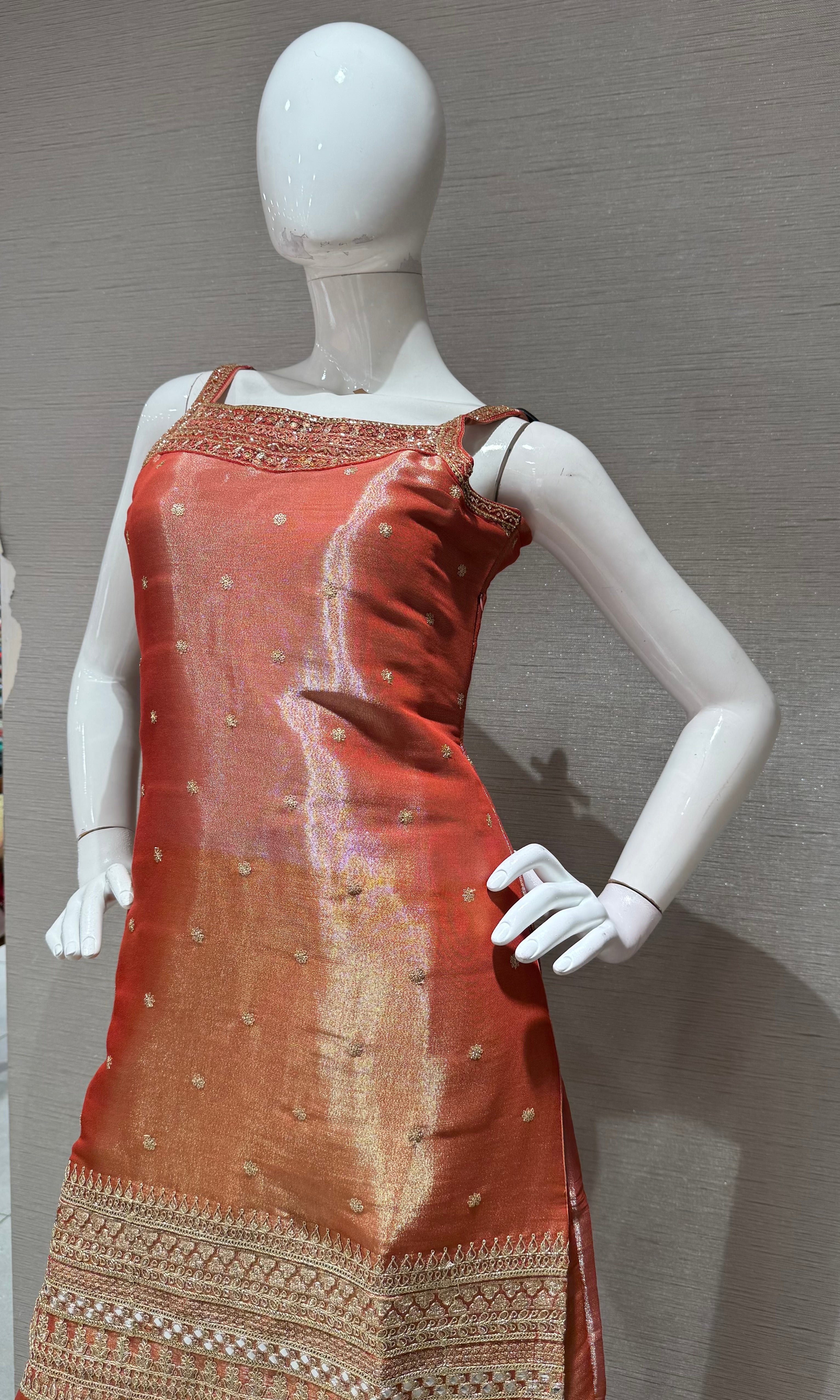 Rust and Gold Zari Sharara set with Sheer Dupatta