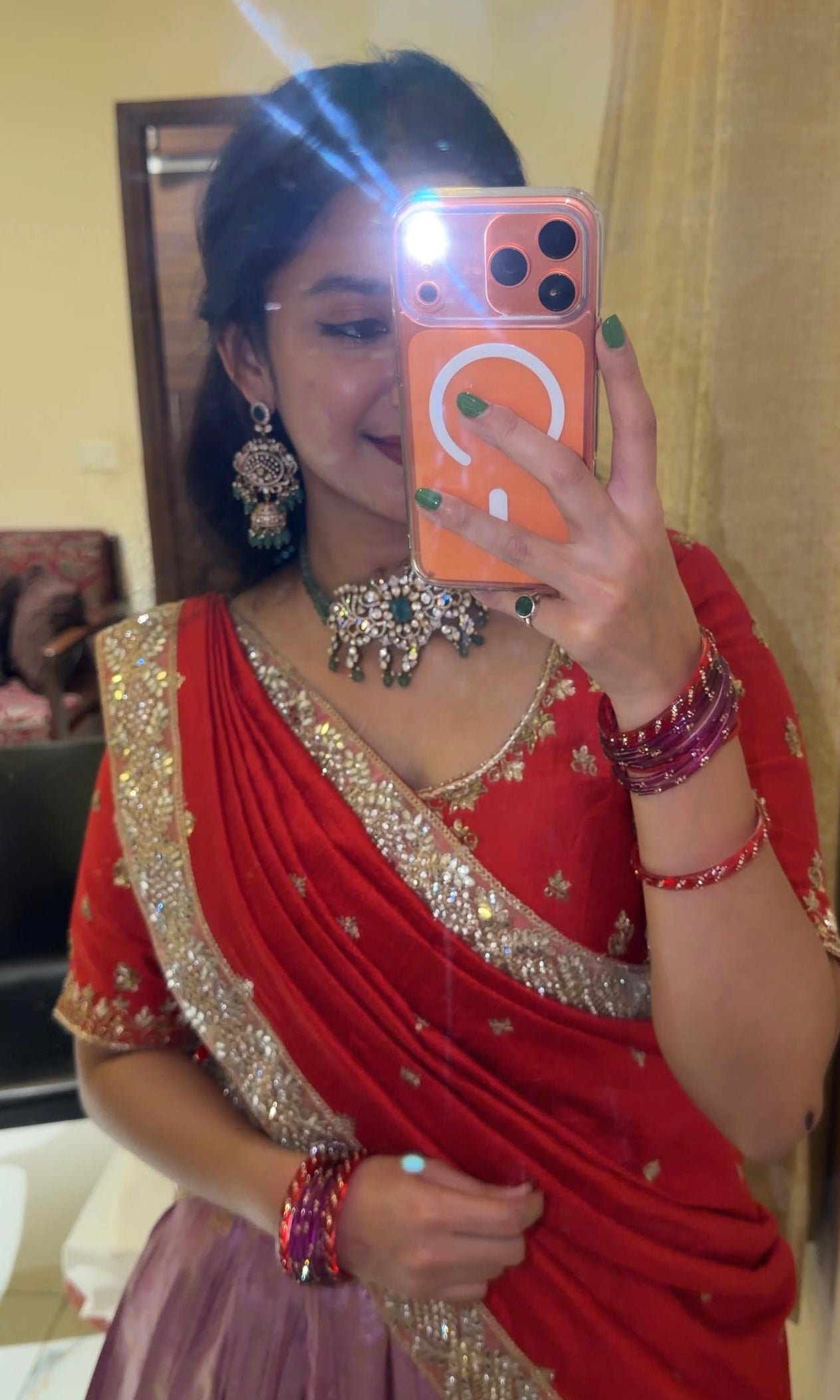 Lavender & Red LEHENGA WITH RAW SILK DUPATTA