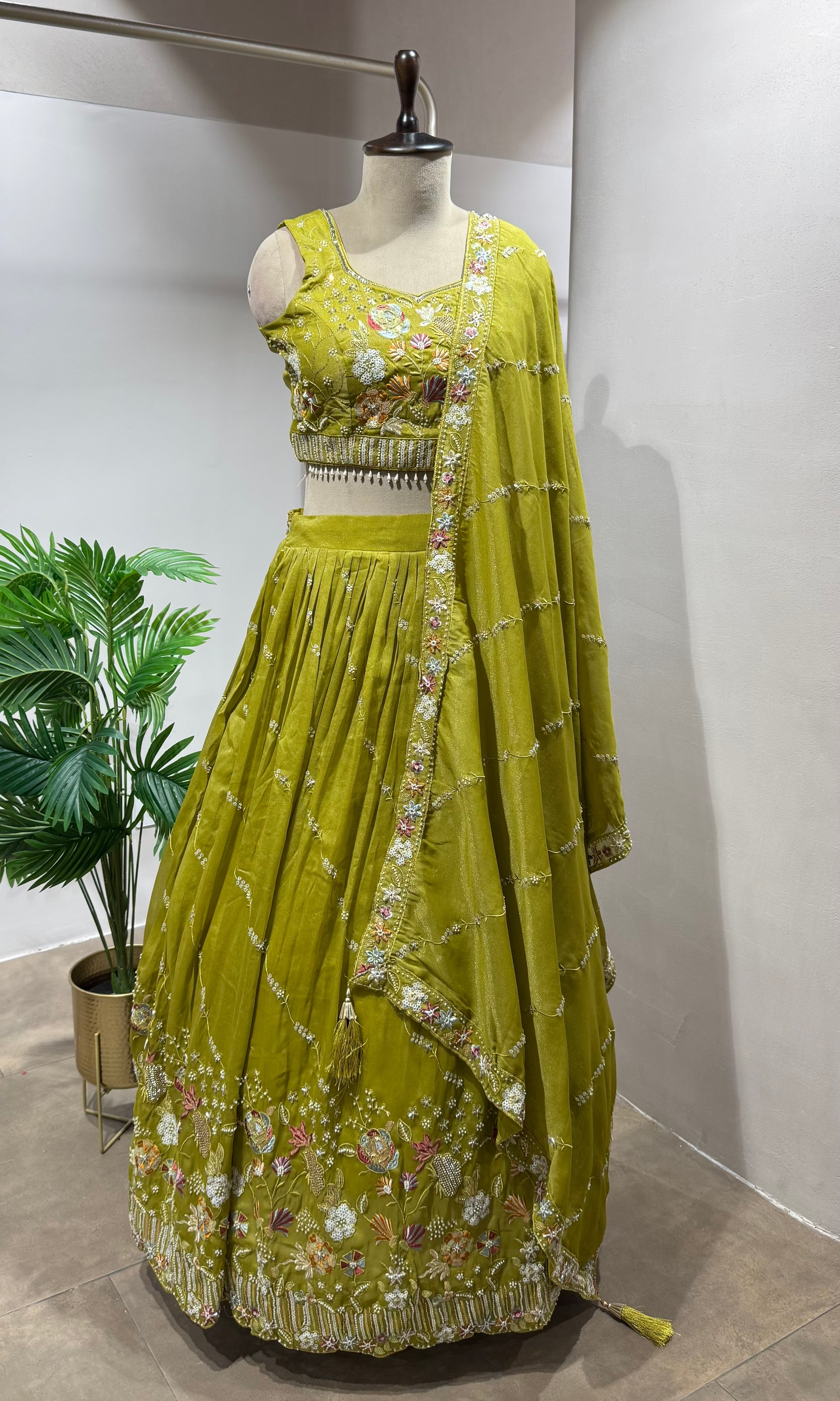 GREEN FLORAL EMBROIDERED LEHENGA