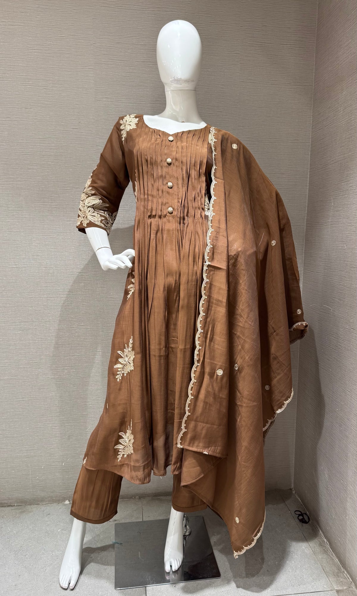 Brown Floral Mul Chenderi Kurta set with Dupatta
