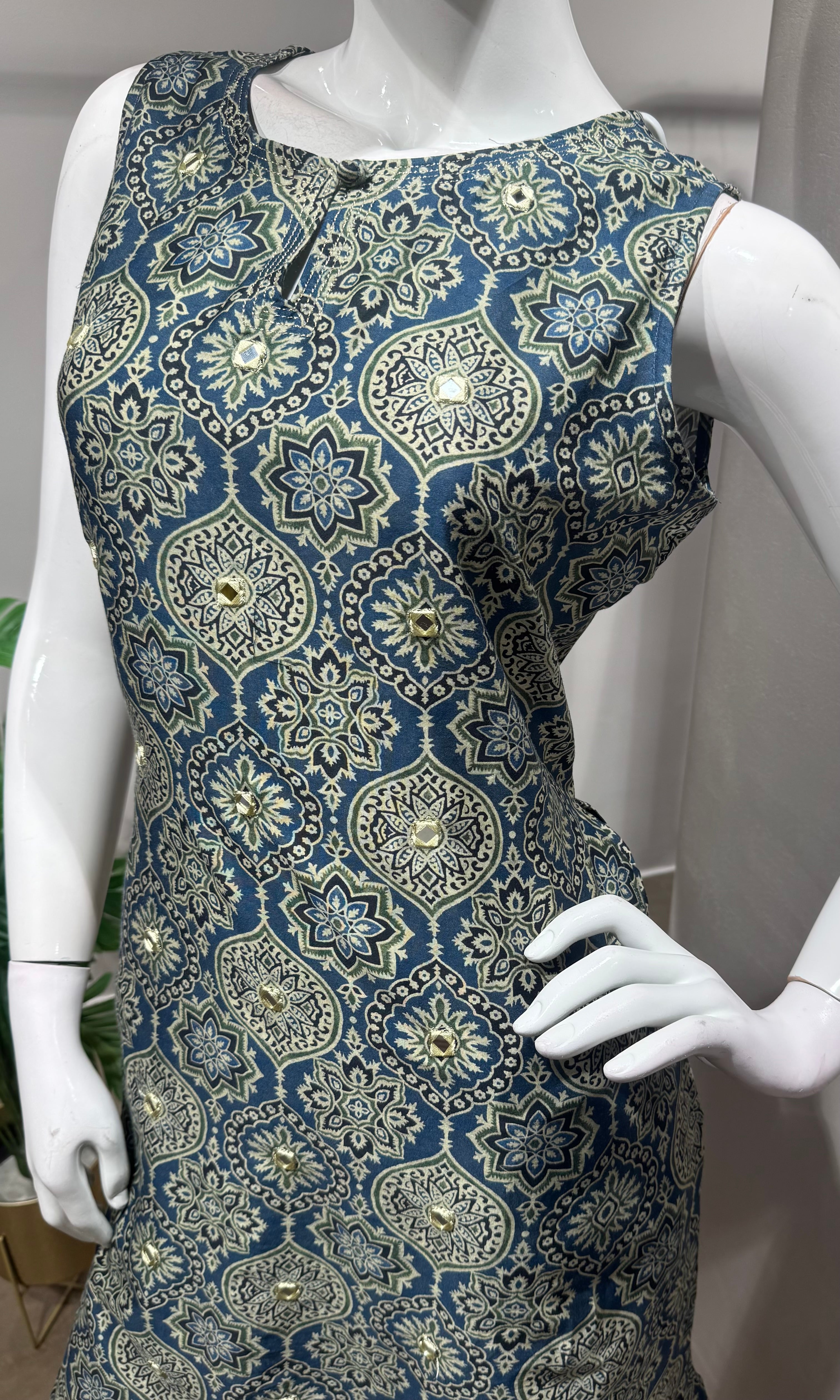 blue printed silk KURTI WITH BOTTOM