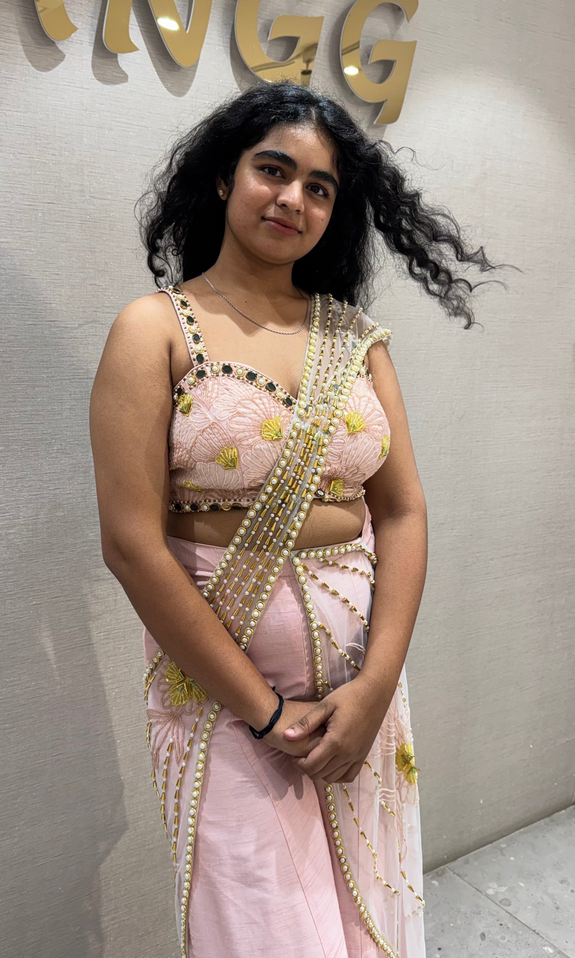 Baby pink palazzo with draped pallu