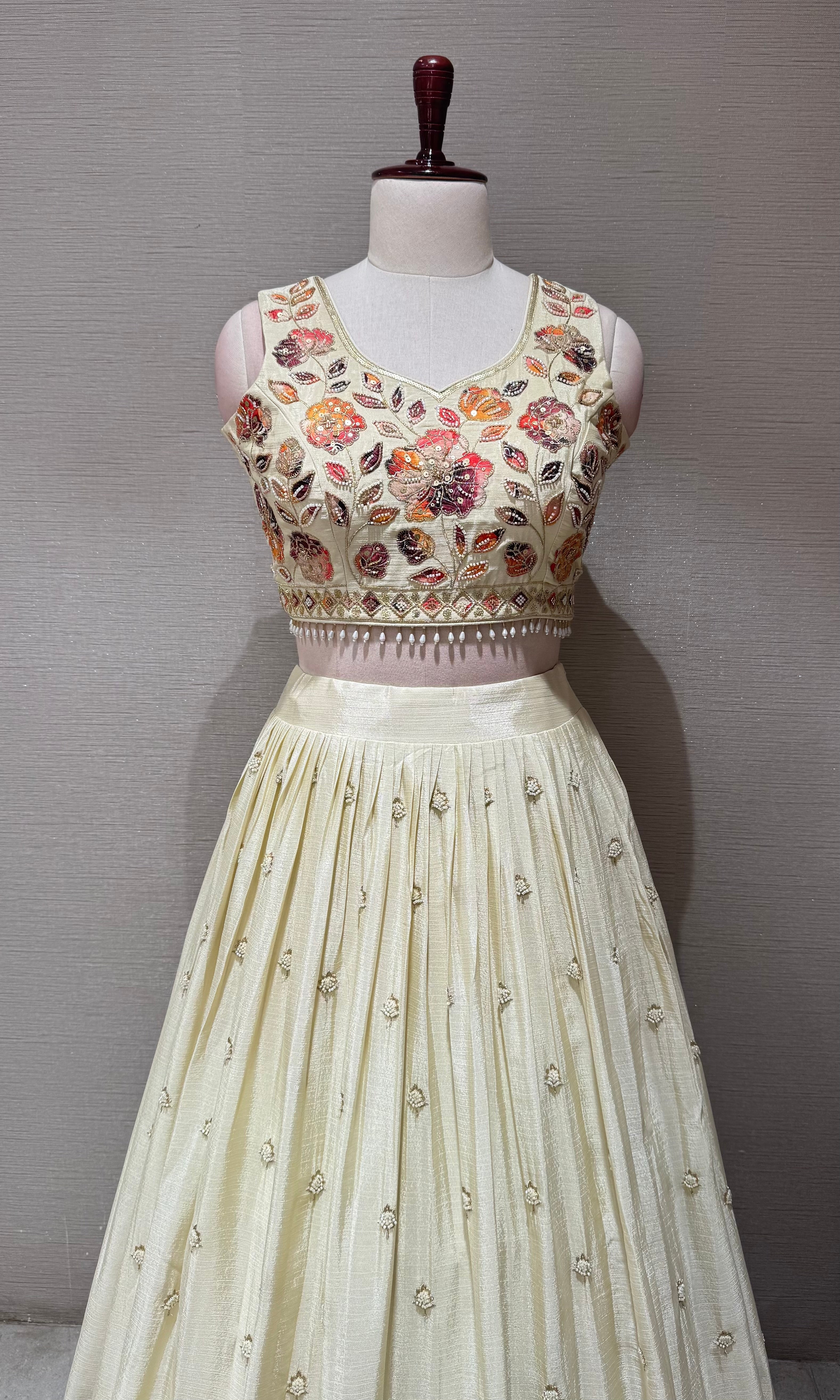 Cream Tissue silk Multi Floral Crop Top Lehenga set
